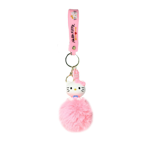 PSK-104 Pom Pom Puffy Keychain with Silicone Band - Hello Kitty - Pink Blue Bow Tie