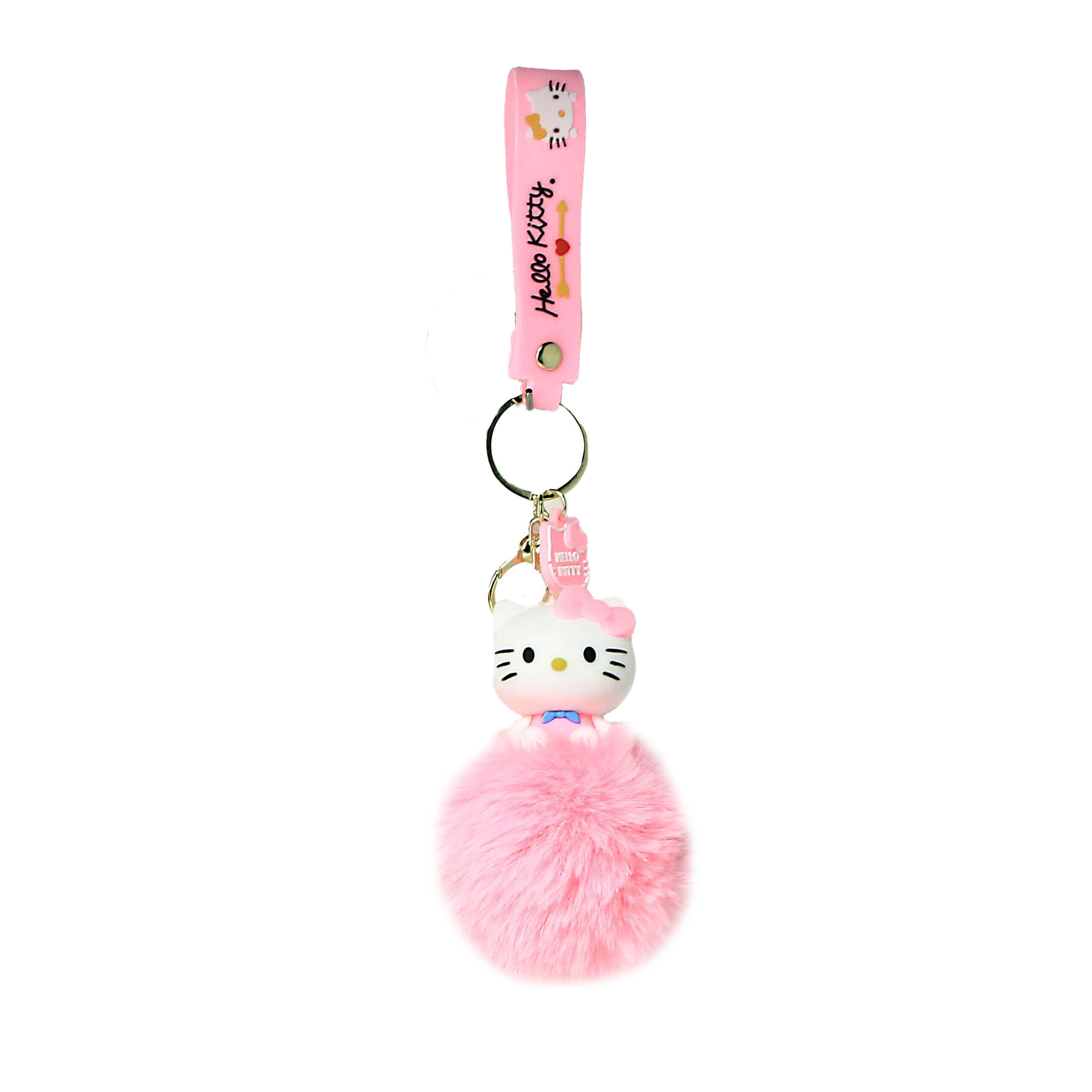 PSK-104 Pom Pom Puffy Keychain with Silicone Band – Hello Kitty – Pink Blue Bow Tie