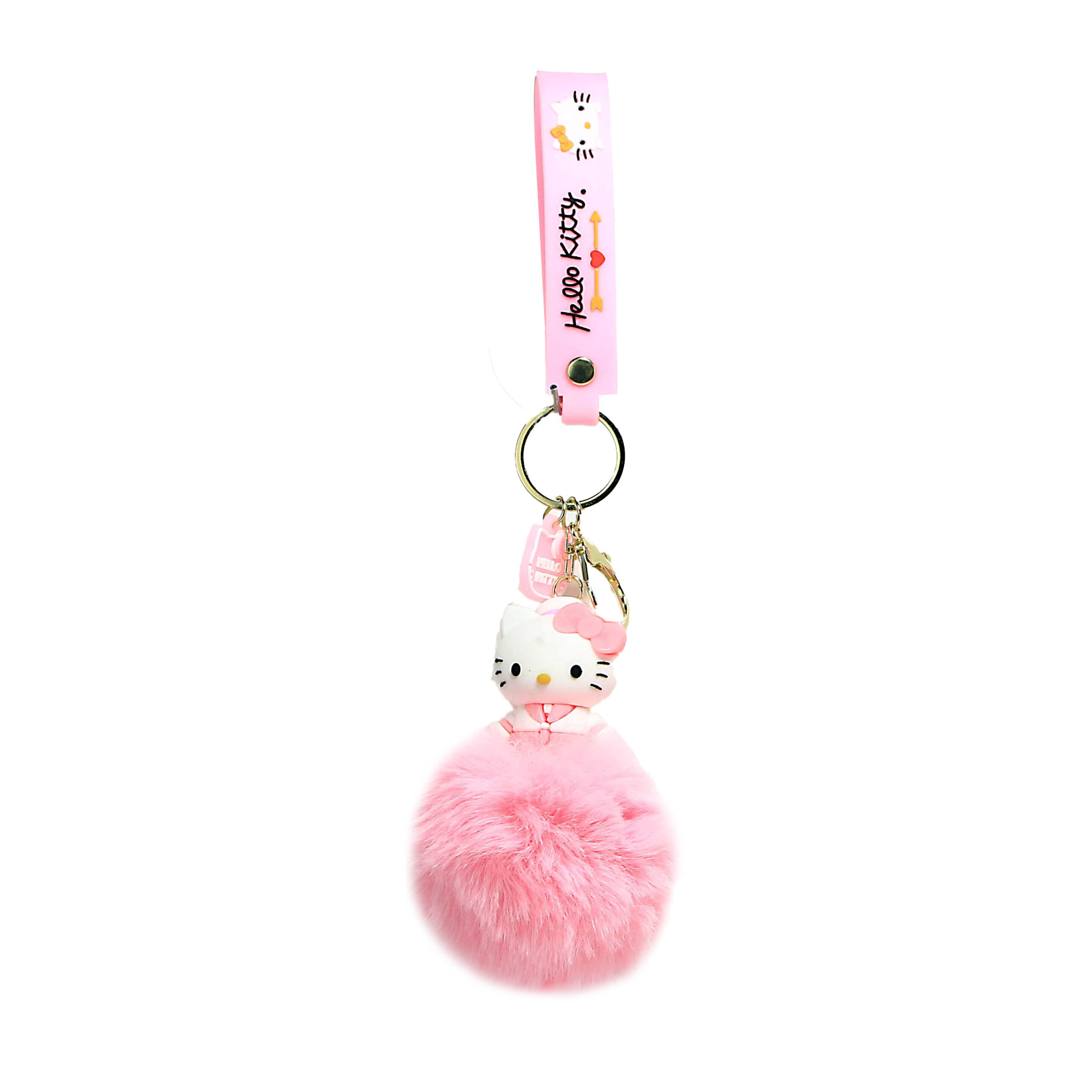 PSK-107 Pom Pom Puffy Keychain with Silicone Band – Hello Kitty – Pink Outfit