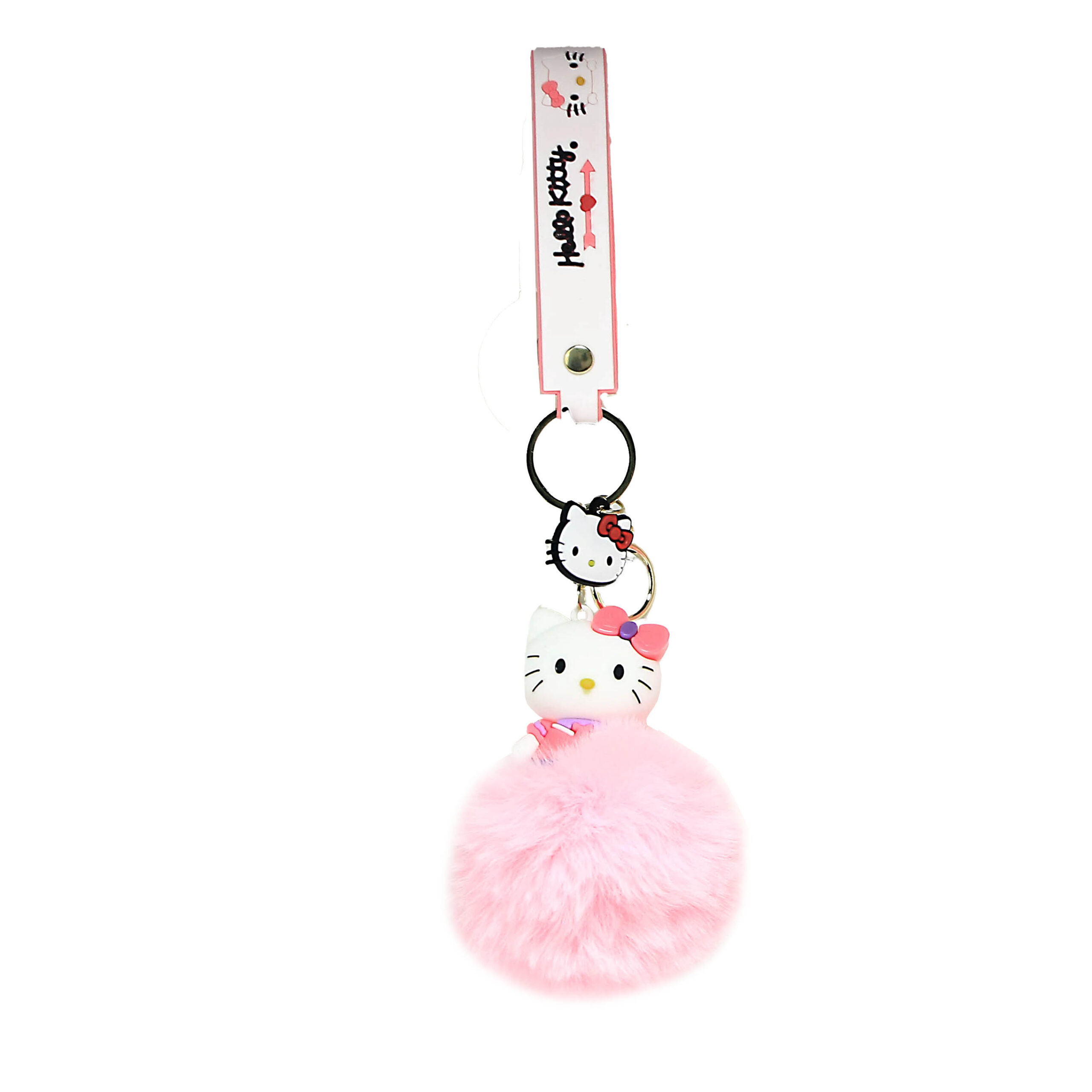 PSK-109 Pom Pom Puffy Keychain with Silicone Band – Hello Kitty – Pink Bow Blue Dot