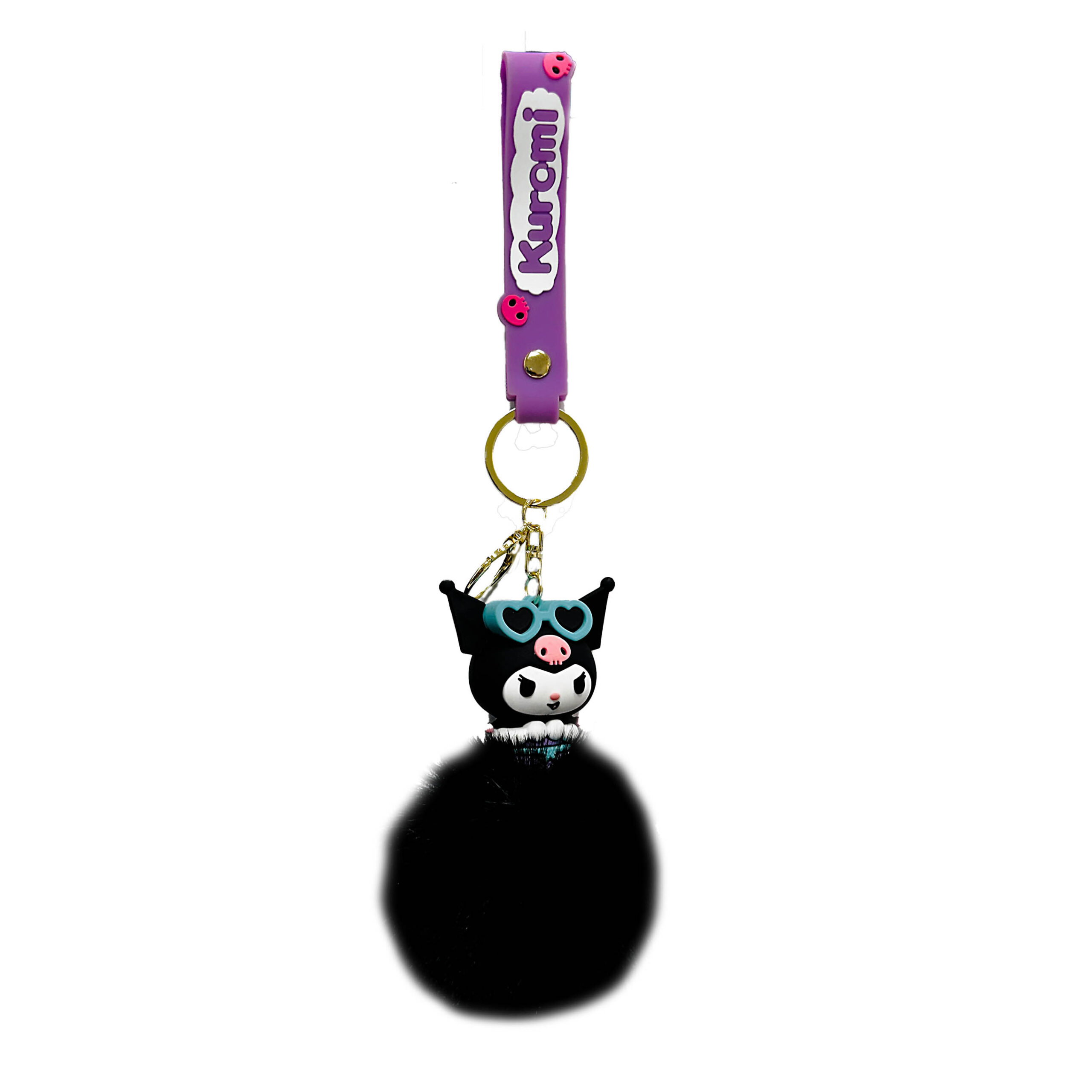 PSK-111 Pom Pom Puffy Keychain with Silicone Band – Kuromi Black Blue Heart Glasses