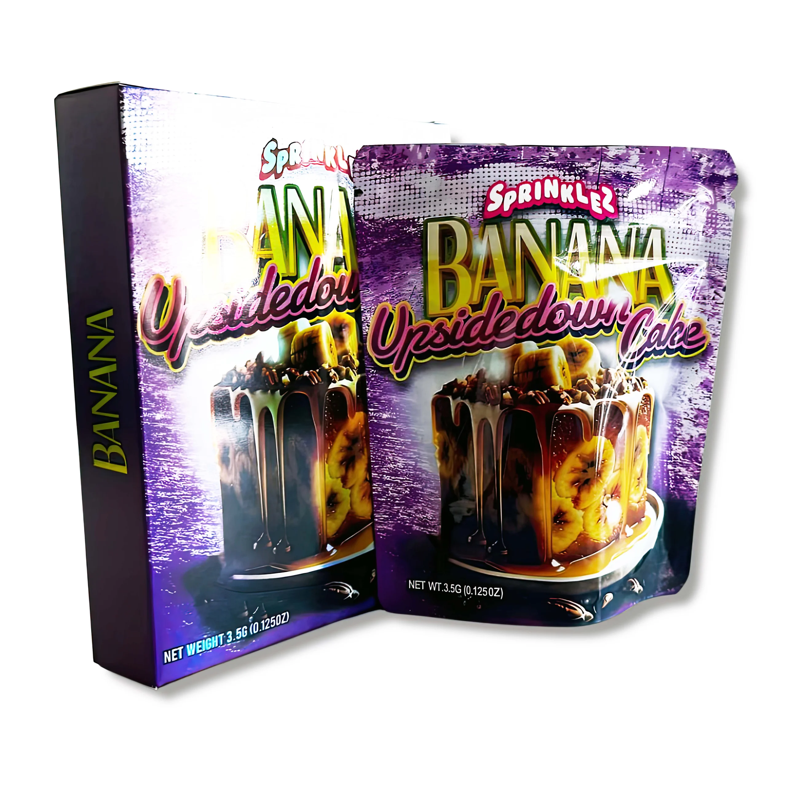 Bag-n-Box 3.5g Mylar Packaging Set – (25 Count Bags) + (25 Count) Display Boxes – Sprinklez Banana Upside Down Cake BAGNBOX-015