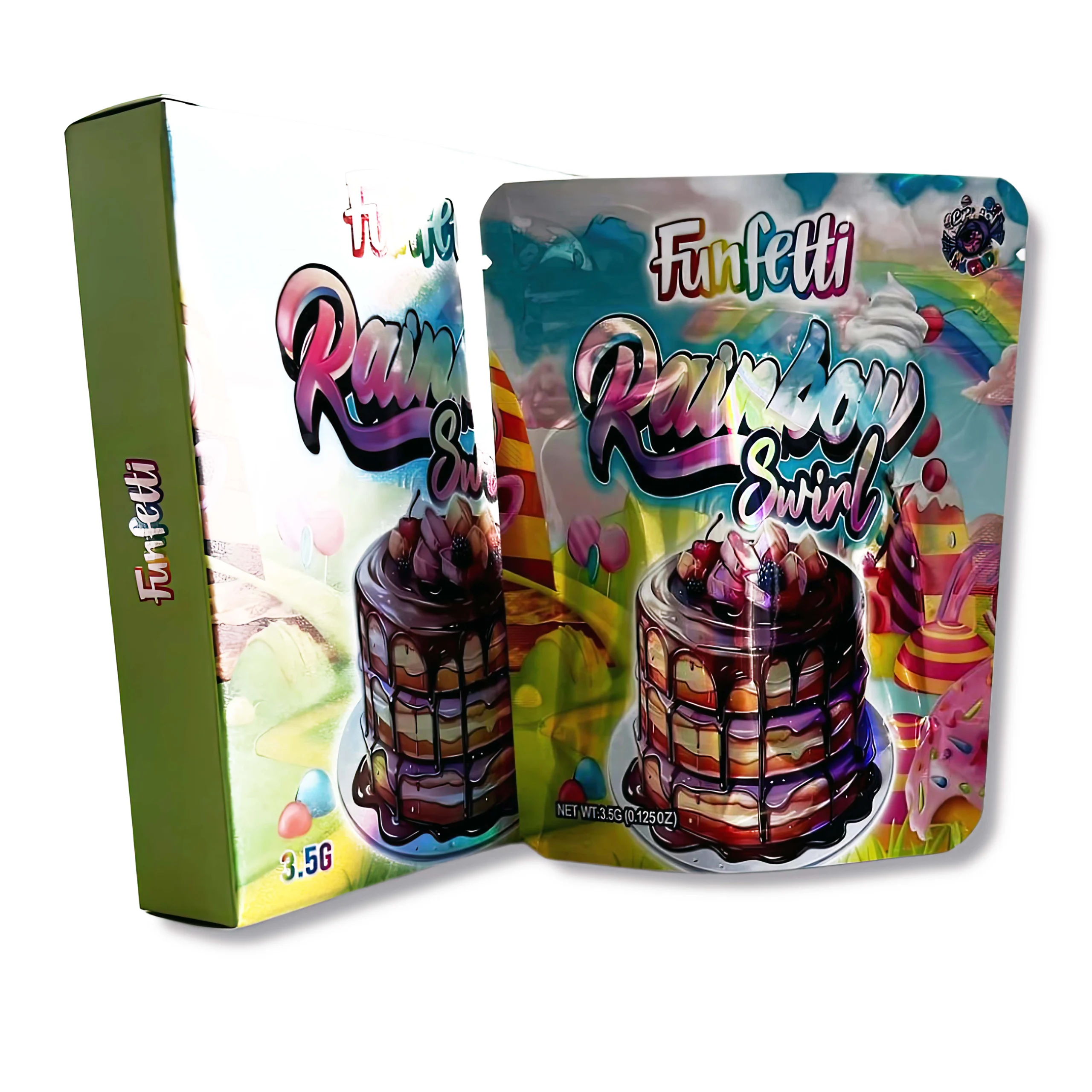 Bag-n-Box 3.5g Mylar Packaging Set – (25 Count Bags) + (25 Count) Display Boxes – FunFetti Rainbow Swirl BAGNBOX-017