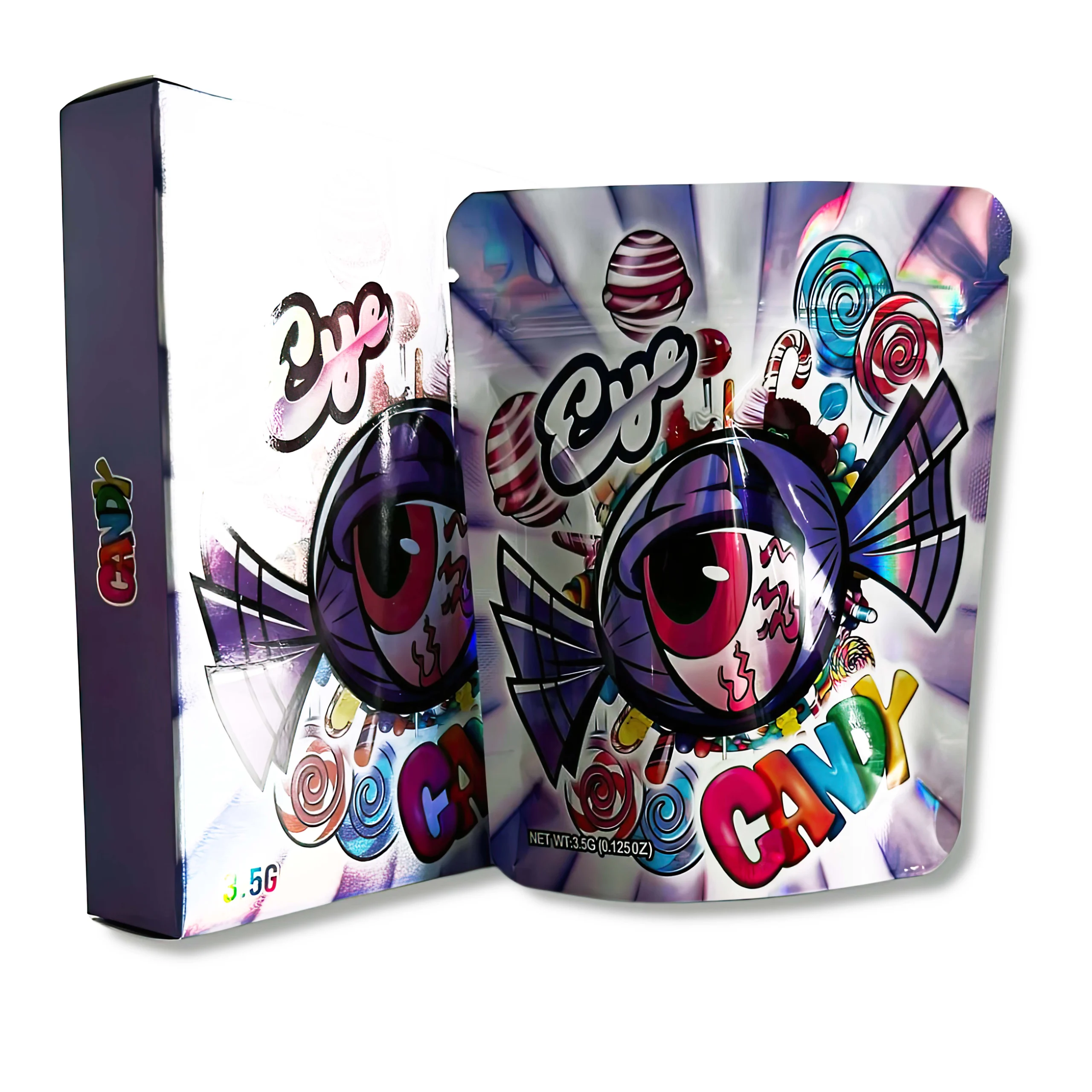 Bag-n-Box 3.5g Mylar Packaging Set – (25 Count Bags) + (25 Count) Display Boxes – Eye Candy BAGNBOX-022