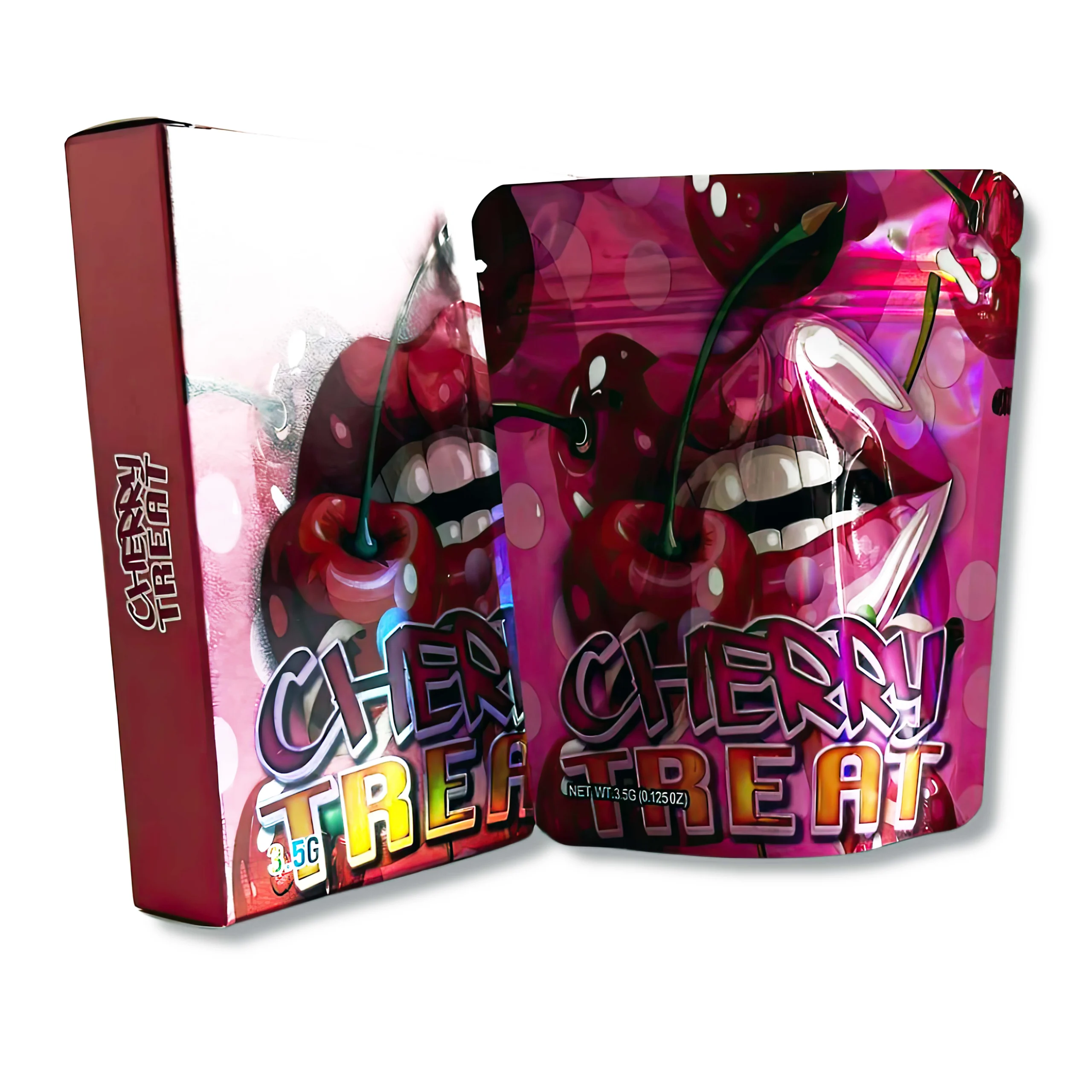 Bag-n-Box 3.5g Mylar Packaging Set – (25 Count Bags) + (25 Count) Display Boxes – Cherry Treat BAGNBOX-023