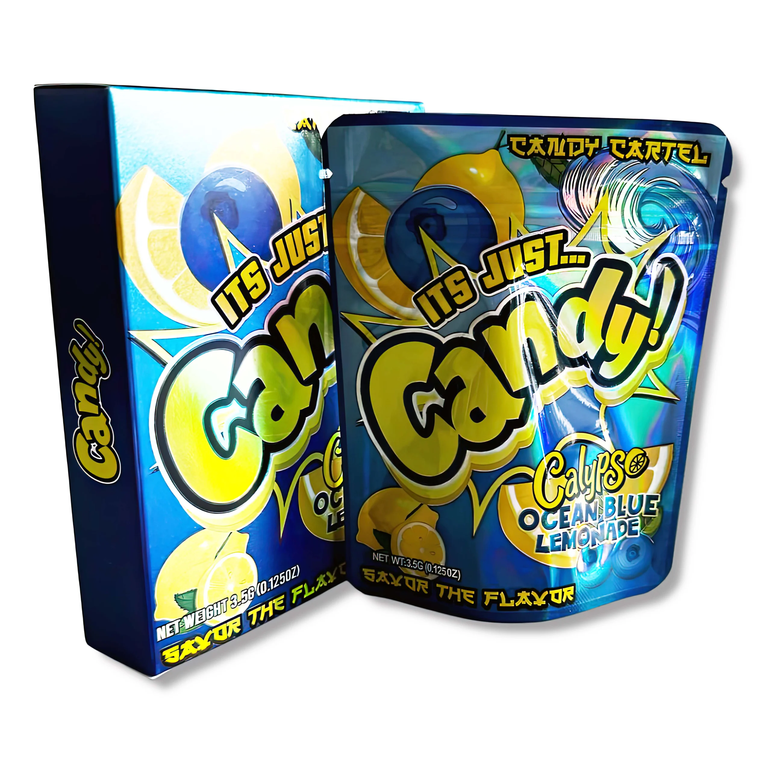 Bag-n-Box 3.5g Mylar Packaging Set – (25 Count Bags) + (25 Count) Display Boxes – Its Just Candy Calypso Ocean Blue Lemonade BAGNBOX-032