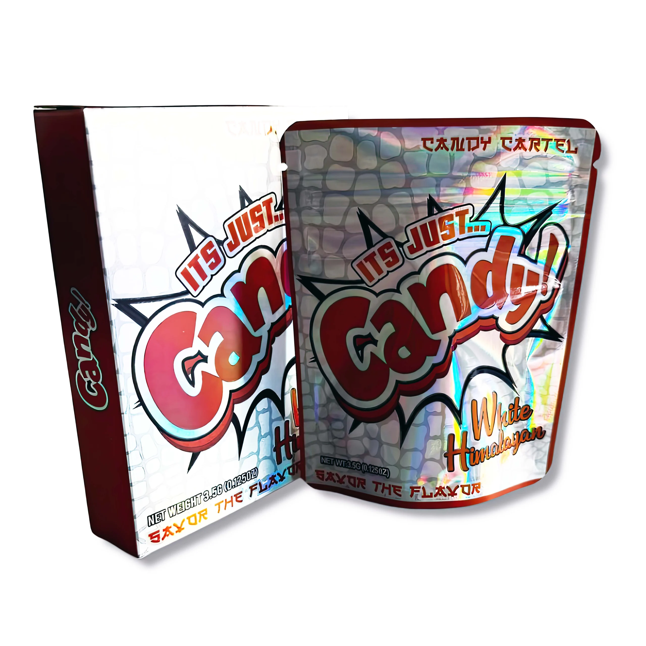 Bag-n-Box 3.5g Mylar Packaging Set – (25 Count Bags) + (25 Count) Display Boxes – Its Just Candy White Himalayan BAGNBOX-035