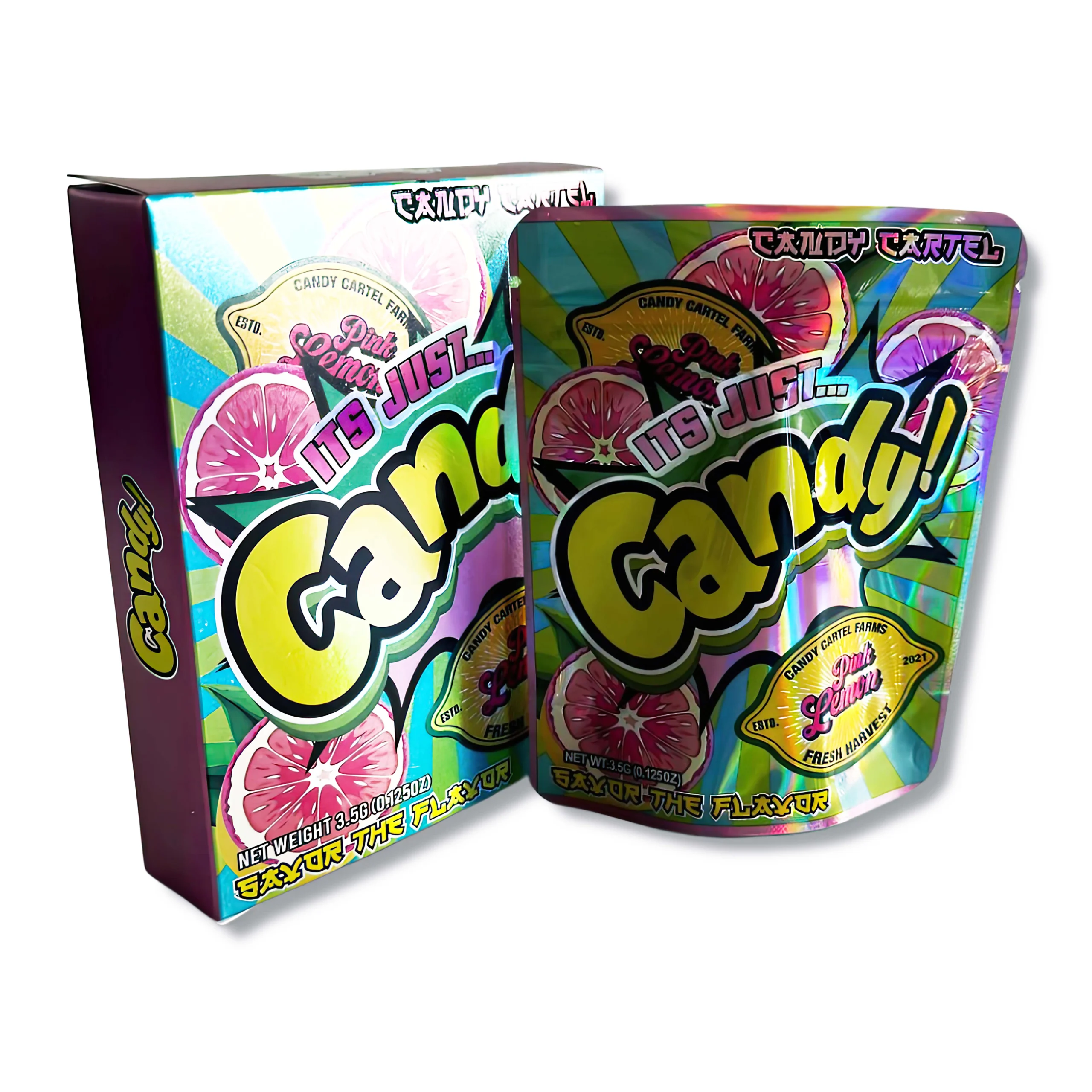 Bag-n-Box 3.5g Mylar Packaging Set – (25 Count Bags) + (25 Count) Display Boxes – Its Just Candy Pink Lemon BAGNBOX-037