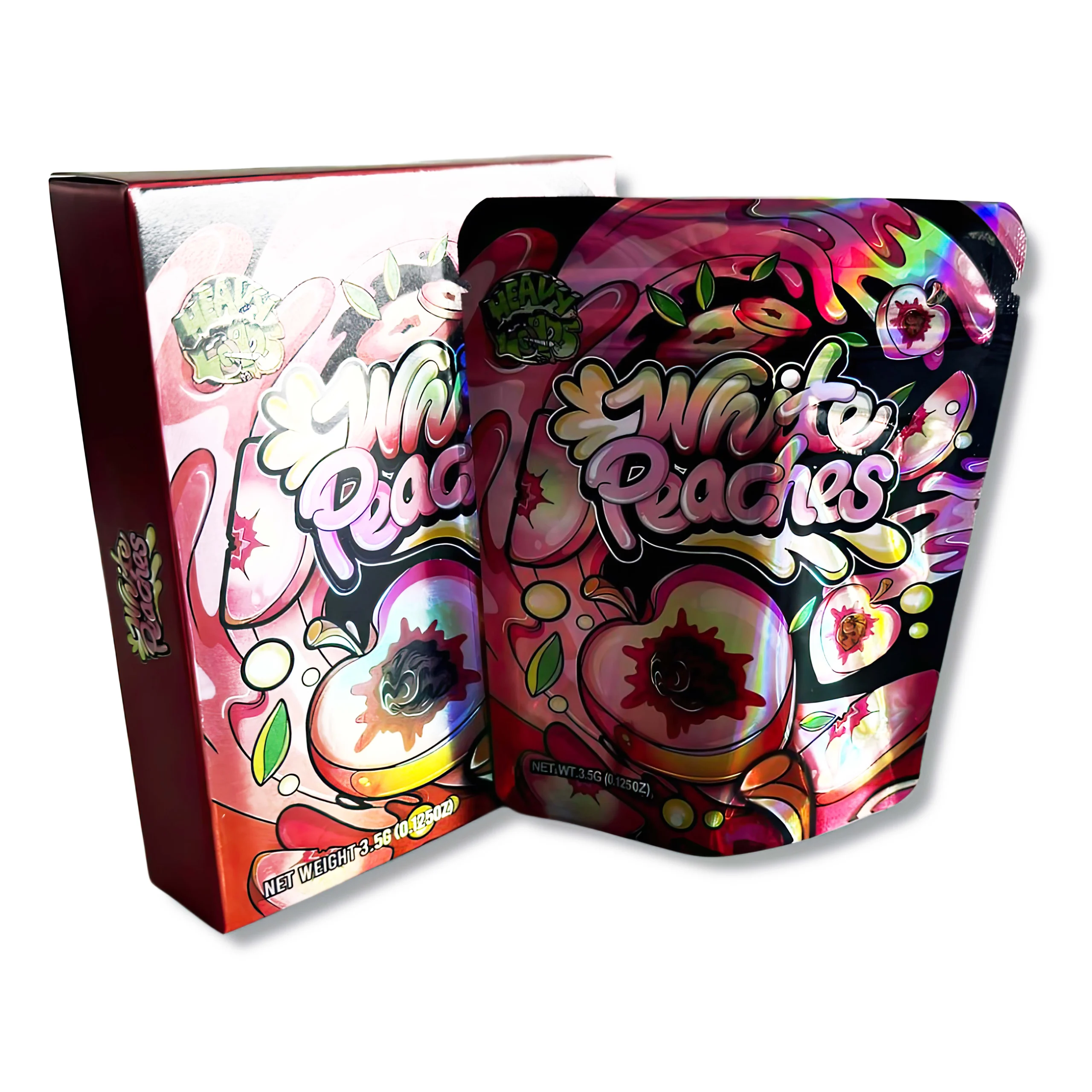 Bag-n-Box 3.5g Mylar Packaging Set – (25 Count Bags) + (25 Count) Display Boxes – White Peaches BAGNBOX-040