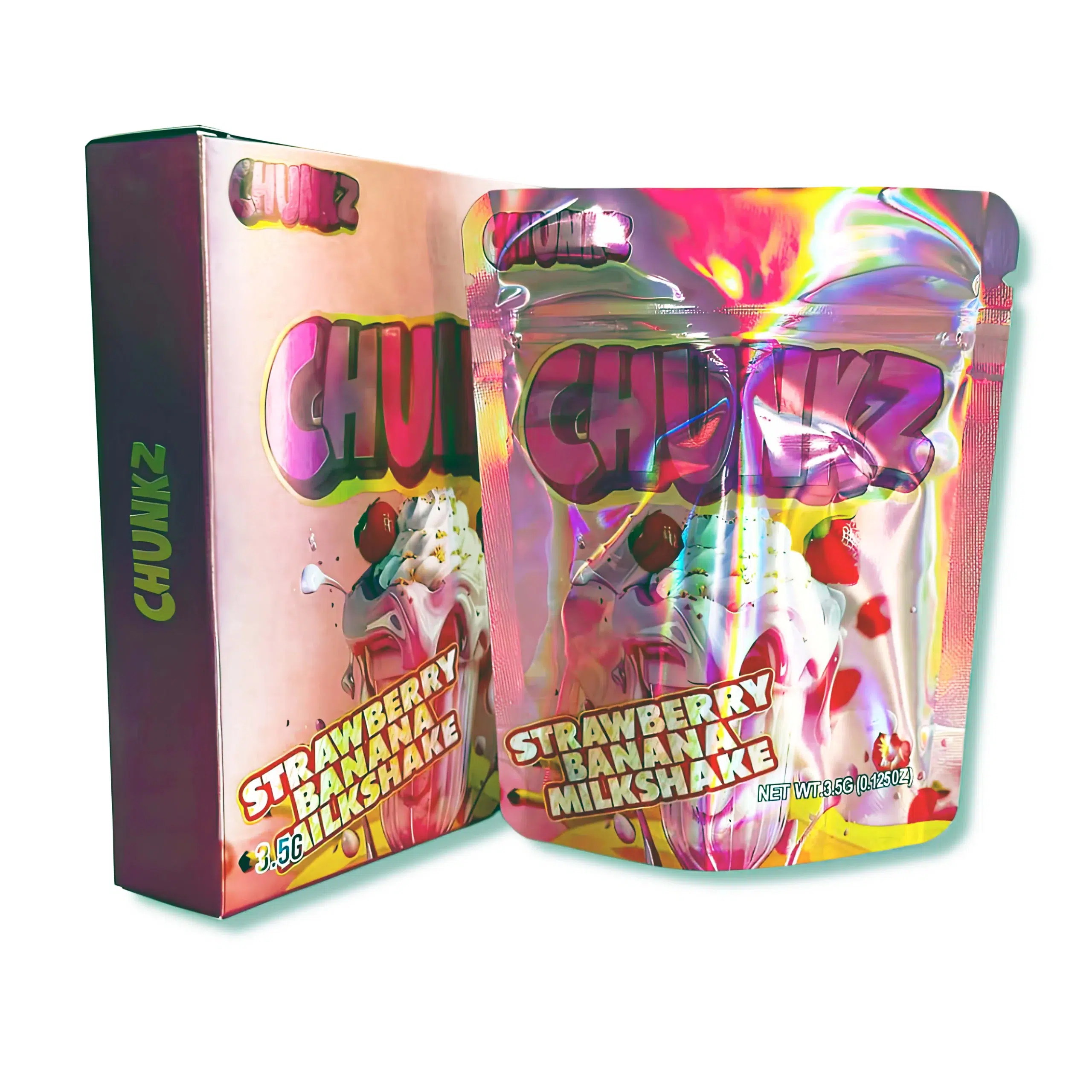 Bag-n-Box 3.5g Mylar Packaging Set – (25 Count Bags) + (25 Count) Display Boxes – Chunkz Strawberry Banana Milkshake BAGNBOX-050
