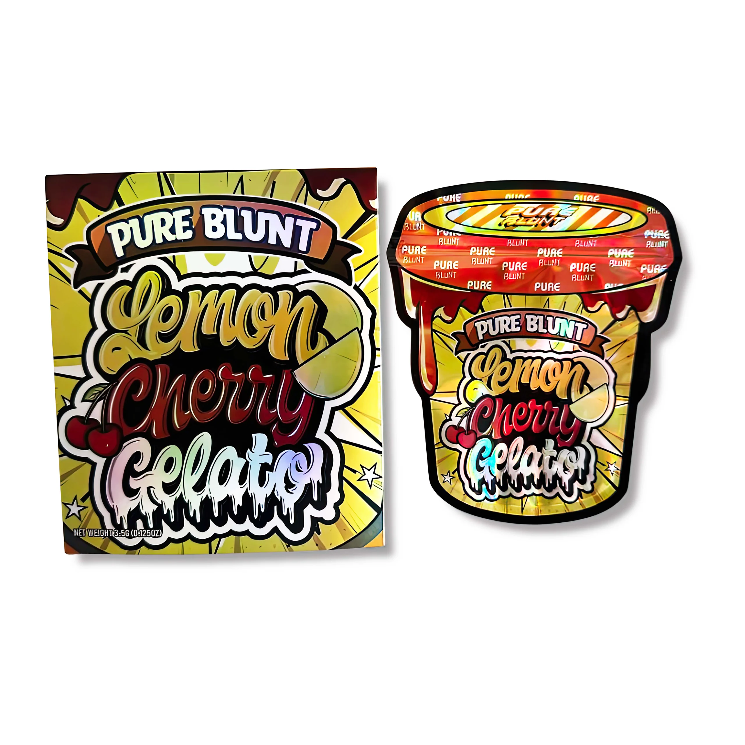 Bag-n-Box 3.5g Mylar Packaging Set – (25 Count Bags) + (25 Count) Display Boxes – Pure Blunt Lemon Cherry Gelato BAGNBOX-061