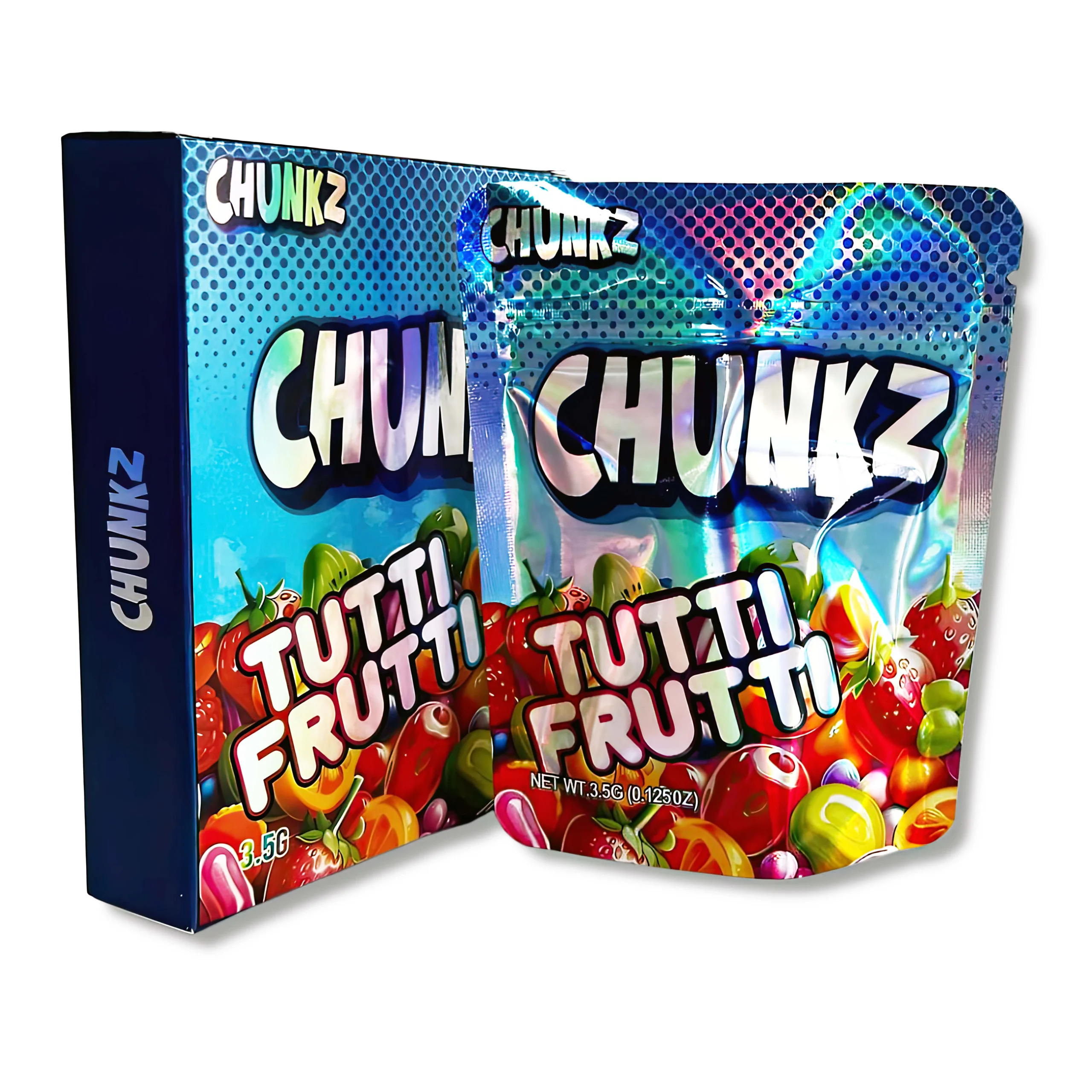 Bag-n-Box 3.5g Mylar Packaging Set – (25 Count Bags) + (25 Count) Display Boxes – Chunks Tutti Frutti BAGNBOX-073