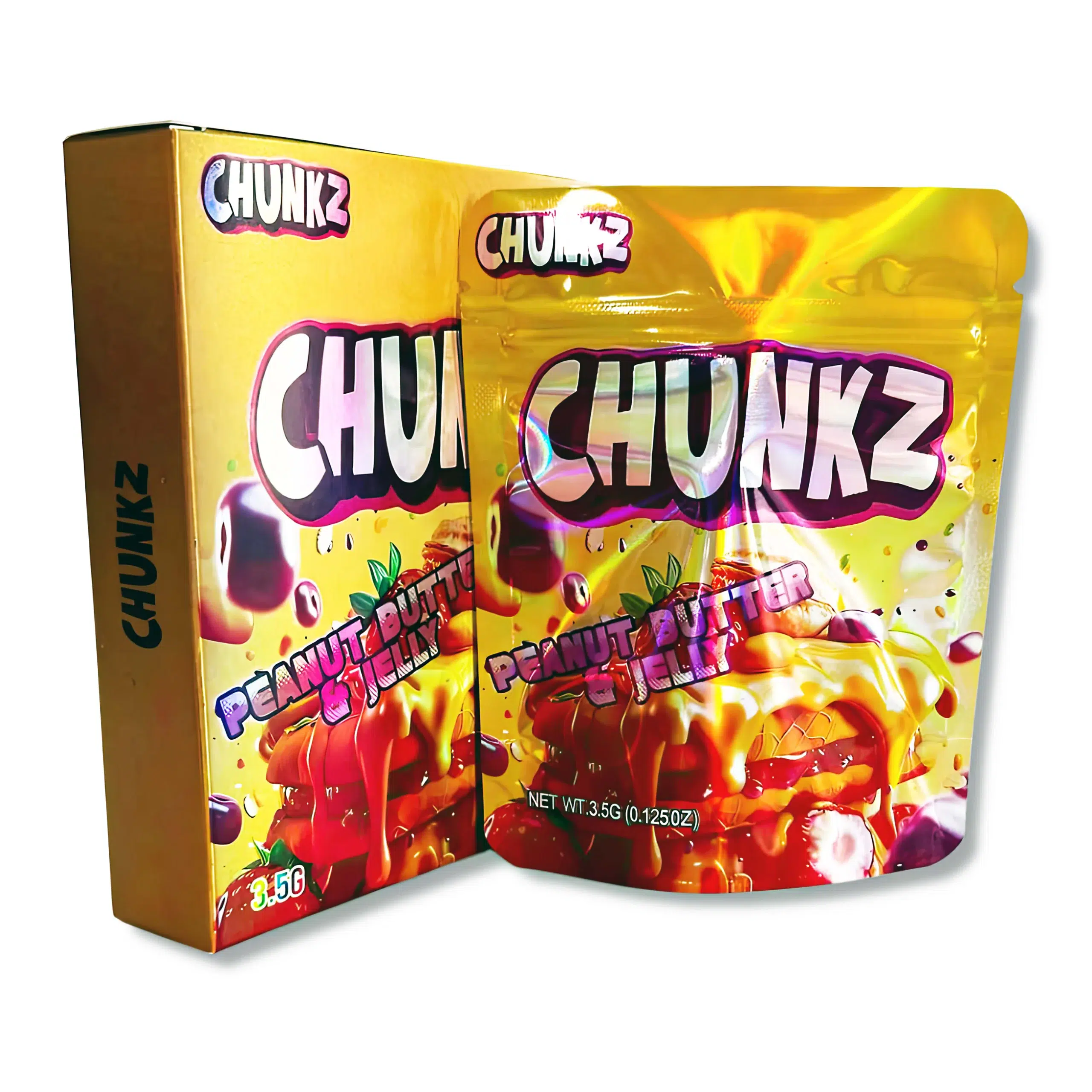 Bag-n-Box 3.5g Mylar Packaging Set – (25 Count Bags) + (25 Count) Display Boxes – Chunks Peanut Butter and Jelly BAGNBOX-079