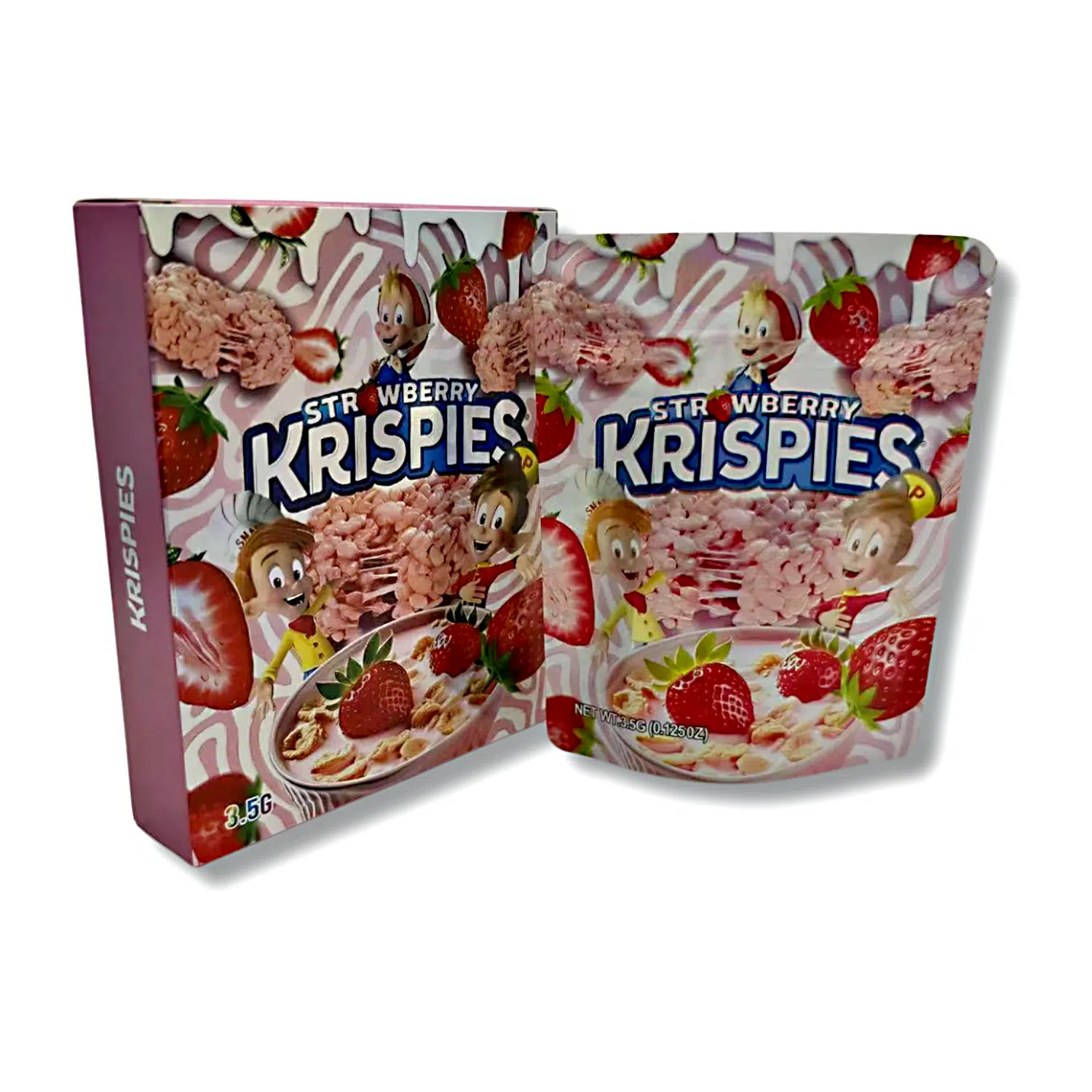 Bag-n-Box 3.5g Mylar Packaging Set – (25 Count Bags) + (25 Count) Display Boxes – Strawberry Krispies BAGNBOX-081