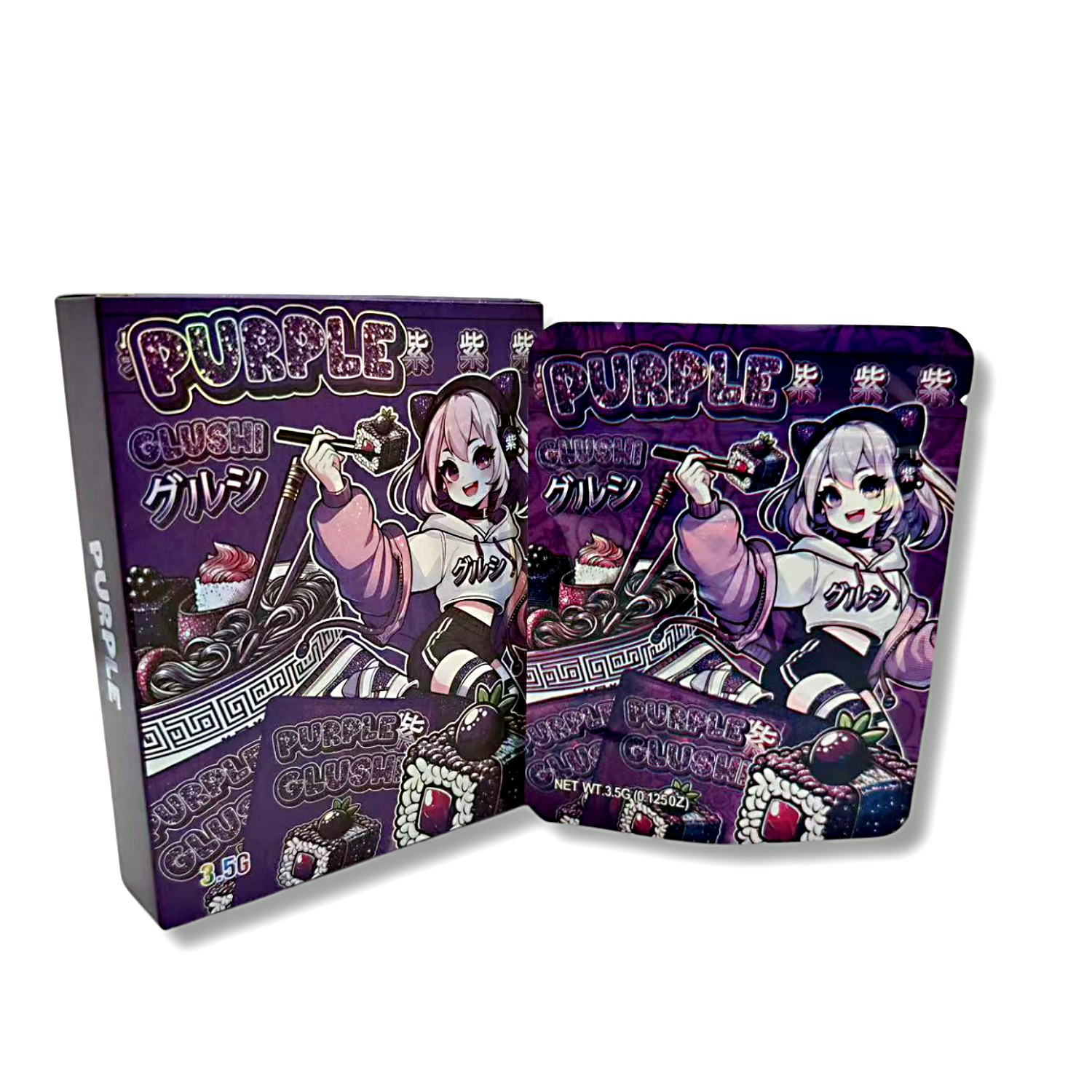 Bag-n-Box 3.5g Mylar Packaging Set – (25 Count Bags) + (25 Count) Display Boxes – Purple Glushi BAGNBOX-094