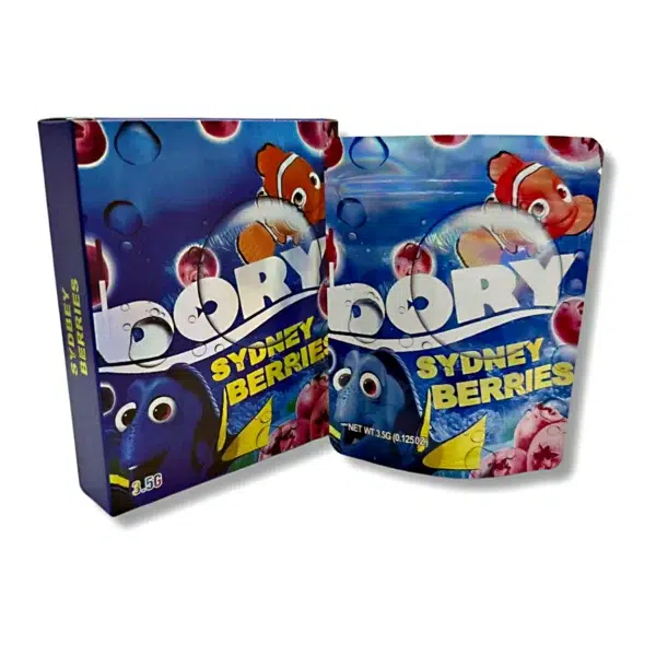 Bag-n-Box 3.5g Mylar Packaging Set – (25 Count Bags) + (25 Count) Display Boxes - Dory Sydney Berries BAGNBOX-101