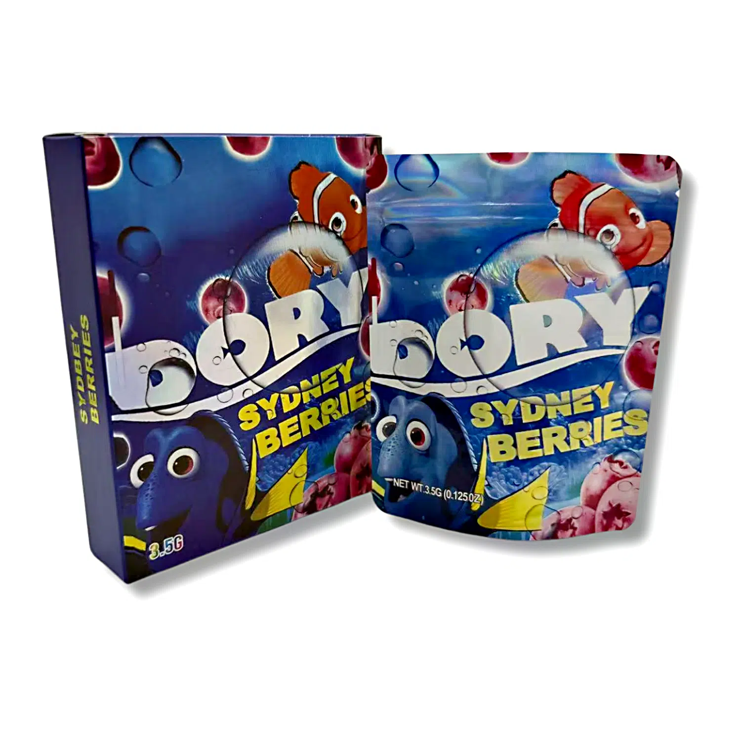 Bag-n-Box 3.5g Mylar Packaging Set – (25 Count Bags) + (25 Count) Display Boxes – Dory Sydney Berries BAGNBOX-101