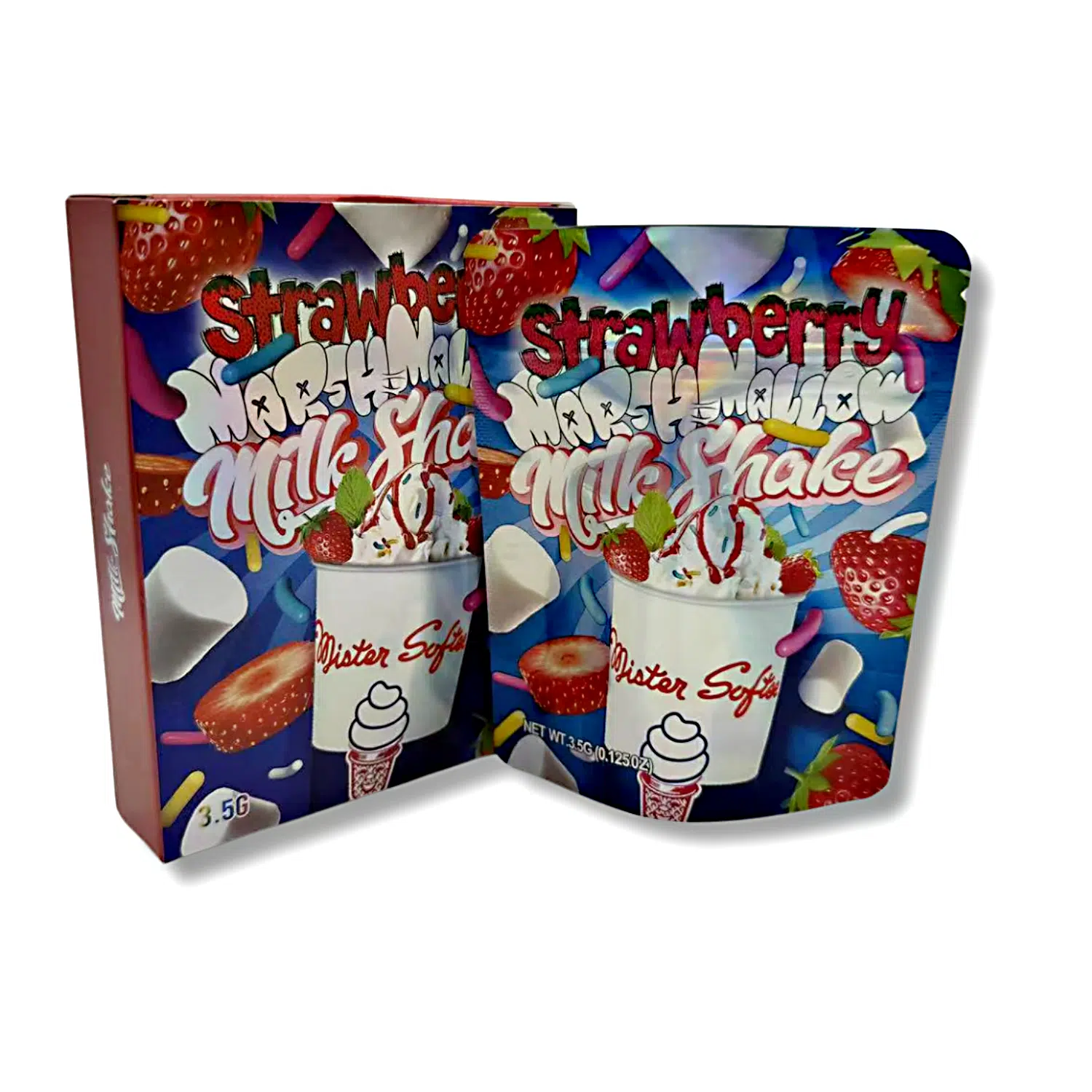Bag-n-Box 3.5g Mylar Packaging Set – (25 Count Bags) + (25 Count) Display Boxes – Strawberry Marshmallow Milk Shake BAGNBOX-111