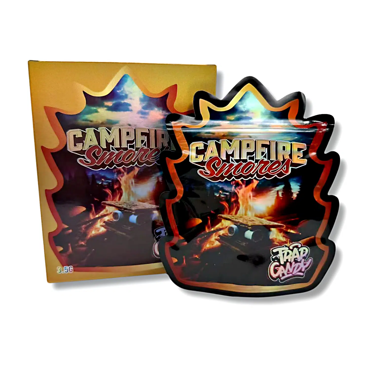 Bag-n-Box 3.5g Mylar Packaging Set – (25 Count Bags) + (25 Count) Display Boxes – Campfire Smores Trap Candy BAGNBOX-122
