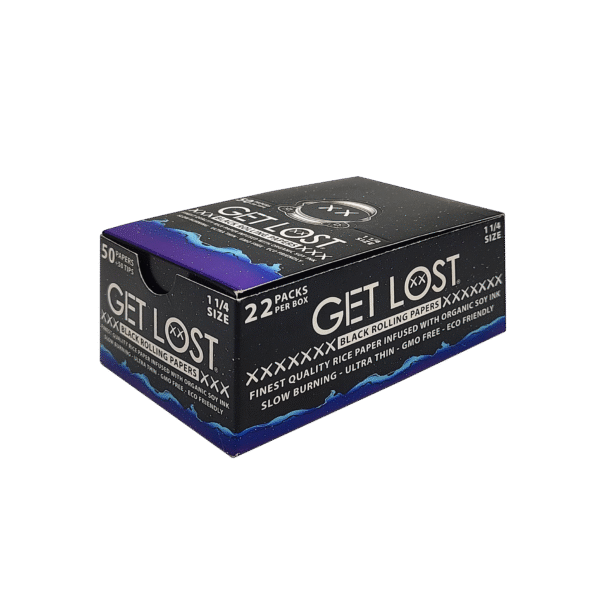 BRP-KS-009 - Get Lost -  Black Rolling Papers with Tips – King Size Slim (50 Papers + 50 Tips per Pack) Display Box of 22 Packs