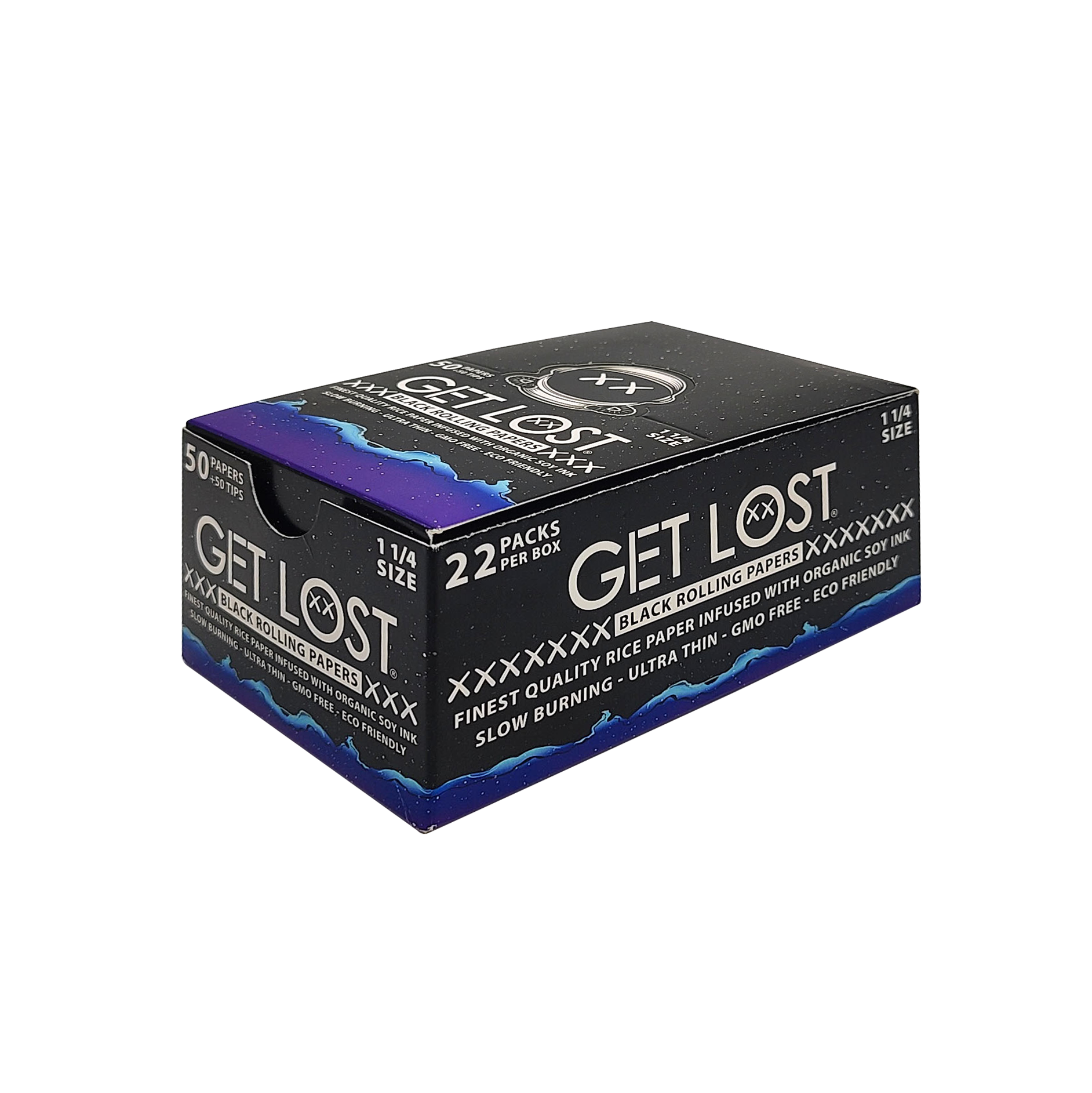 BRP-KS-009 – Get Lost –  Black Rolling Papers with Tips – King Size Slim (50 Papers + 50 Tips per Pack) Display Box of 22 Packs