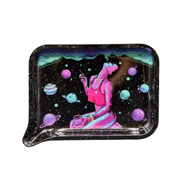 FRT-008 Get Lost Medium Funnel Rolling Tray – No Lid (Woman Smoking on Planets)