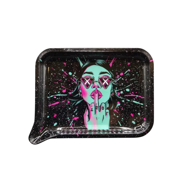 FRT-012 Get Lost Medium Funnel Rolling Tray – No Lid (Green Girl Middle Finger)