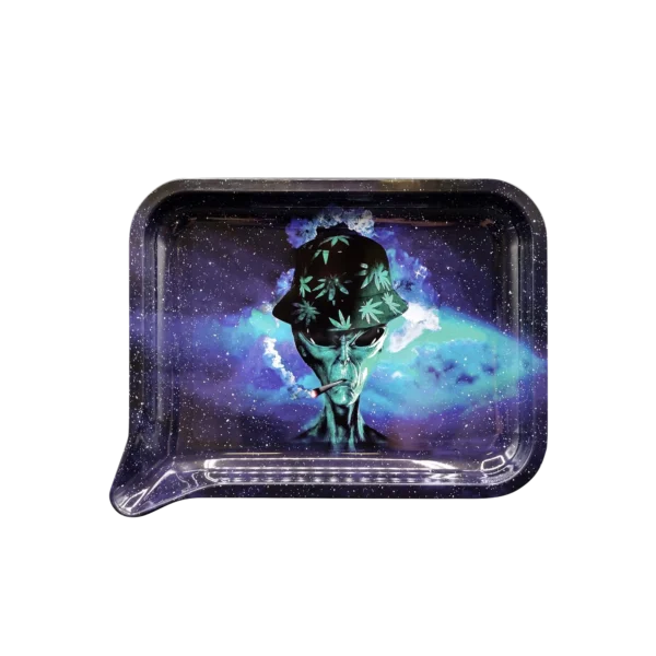 FRT-016 Get Lost Medium Funnel Rolling Tray – No Lid (Green Alien Smoking)