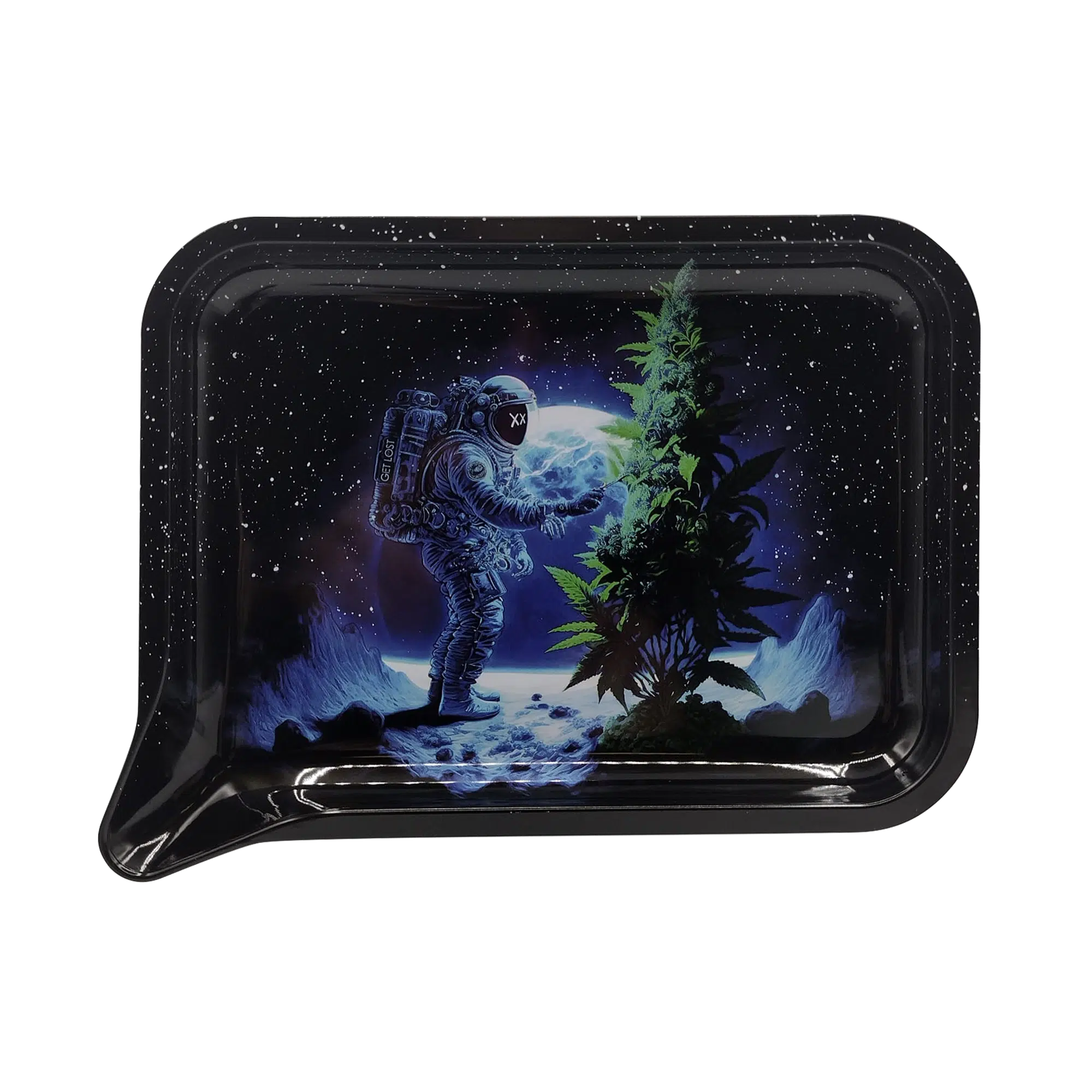 FRT-044 Get Lost Medium Funnel Rolling Tray – No Lid (Astronaut Weed Christmas Tree)
