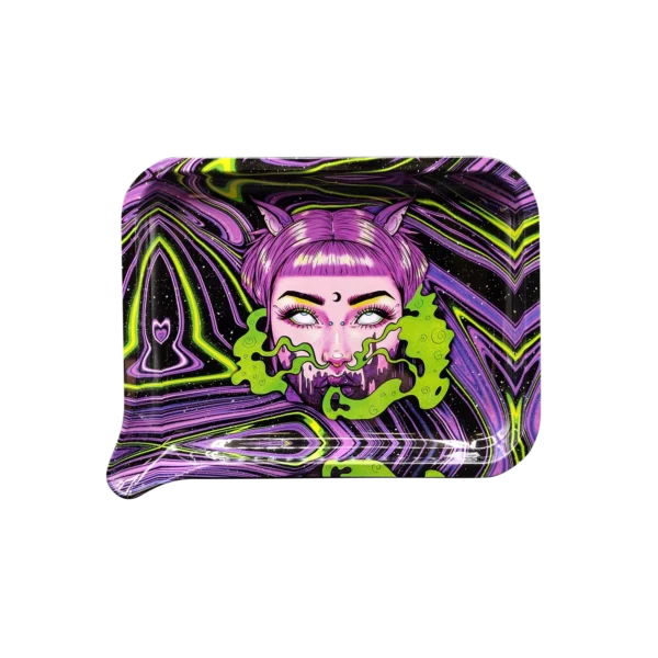 FRT-047 Get Lost Medium Funnel Rolling Tray – No Lid (Purple Hair Devil Girl Green Smoke)
