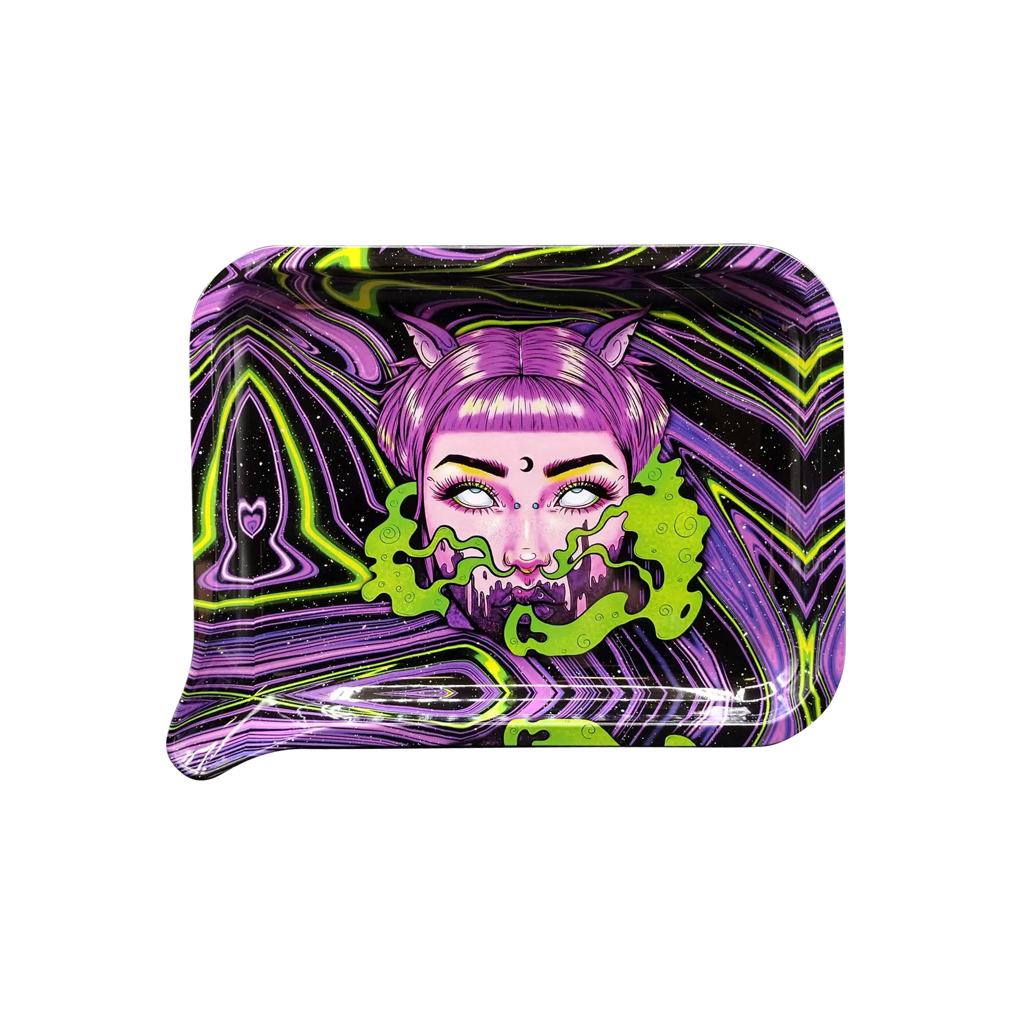 FRT-047 Get Lost Medium Funnel Rolling Tray – No Lid (Purple Hair Devil Girl Green Smoke)