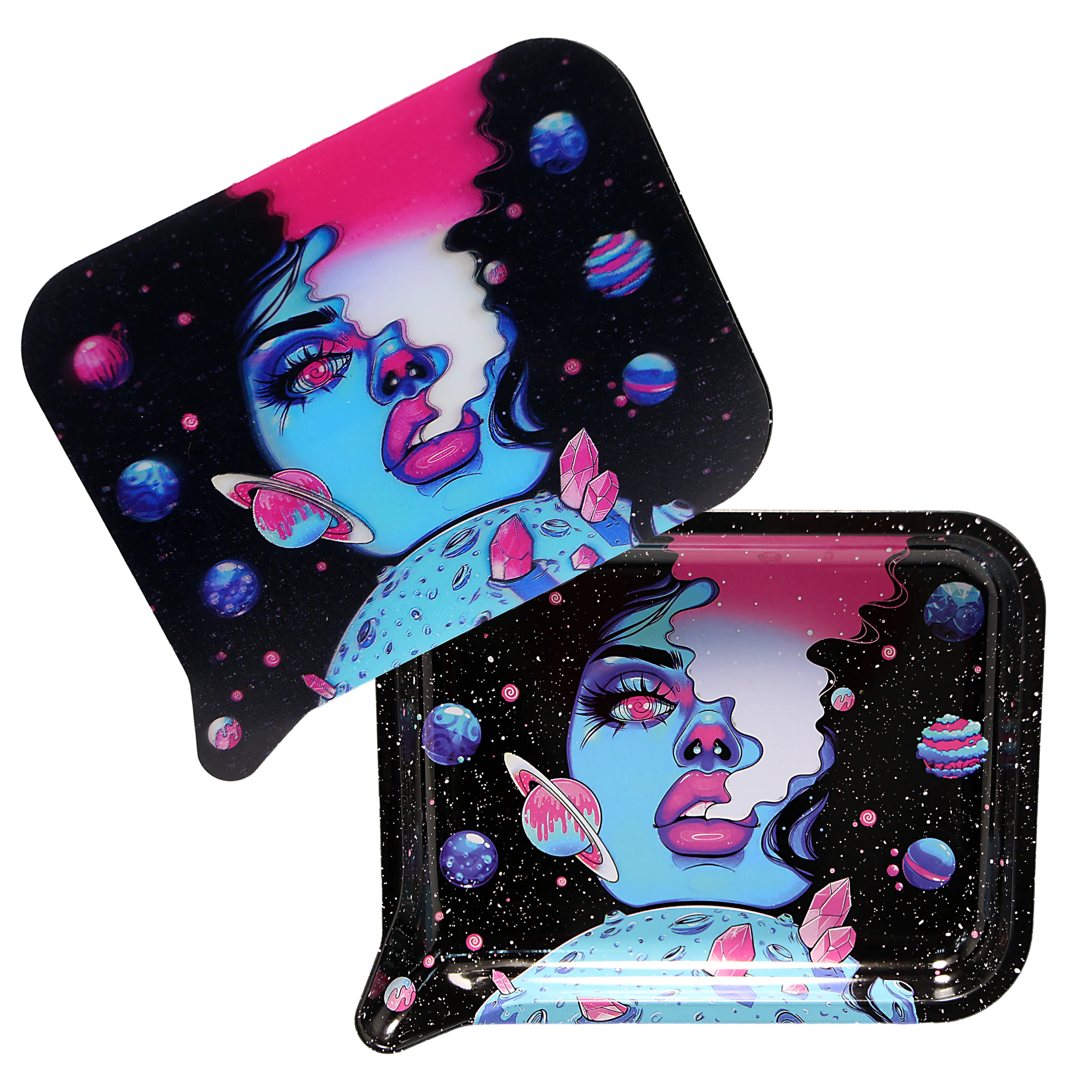 FRT3D-023 Get Lost Medium Funnel Rolling Tray with 3D Magnetic Lid (Get Lost Galaxy Blue Smoking Girl)