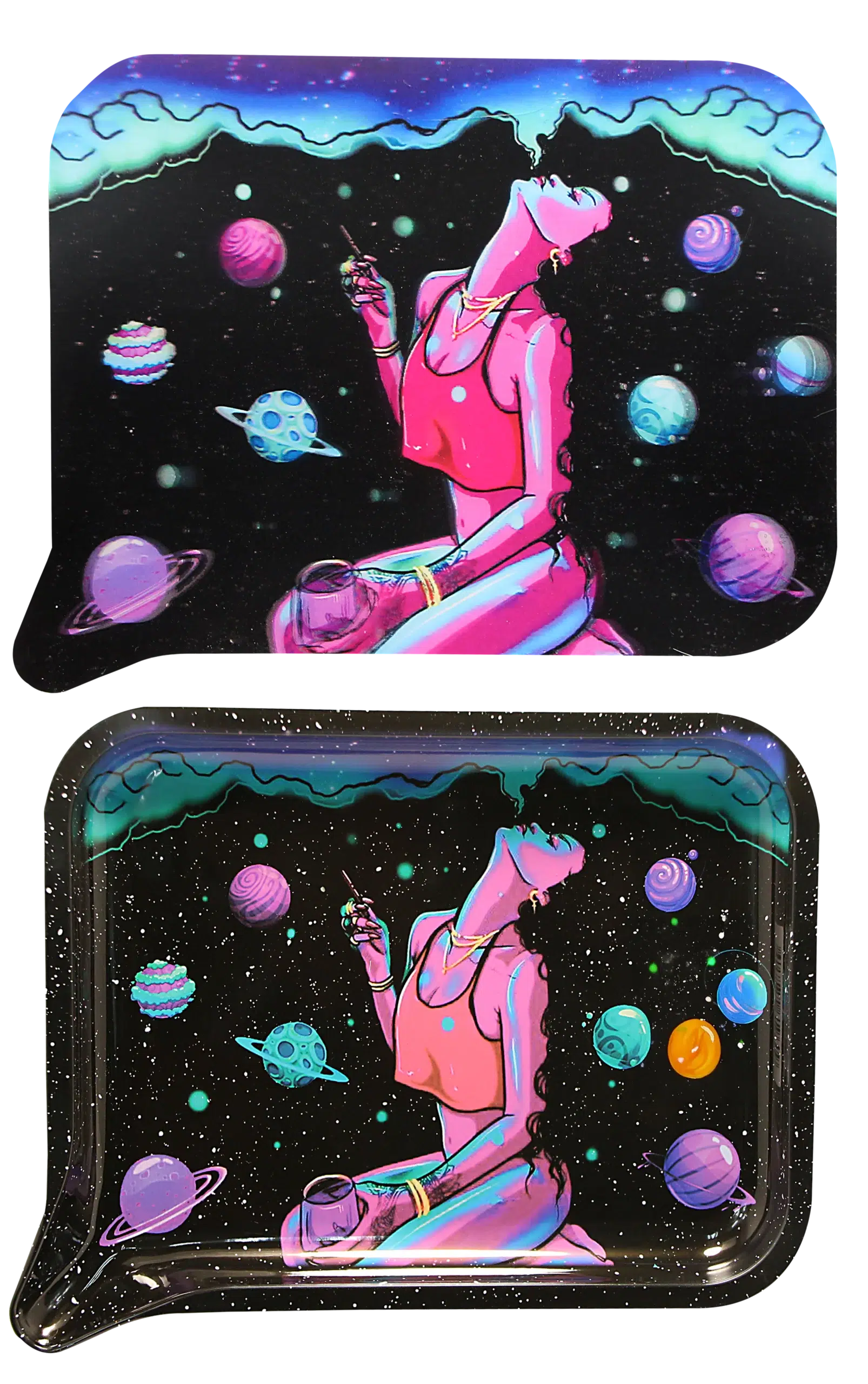 FRT3D-027 Get Lost Medium Funnel Rolling Tray with 3D Magnetic Lid (Get Lost Woman Smoking on Planets) - Image 2