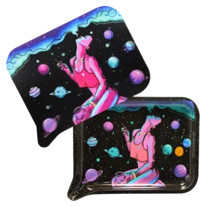FRT3D-027 Get Lost Medium Funnel Rolling Tray with 3D Magnetic Lid (Get Lost Woman Smoking on Planets)