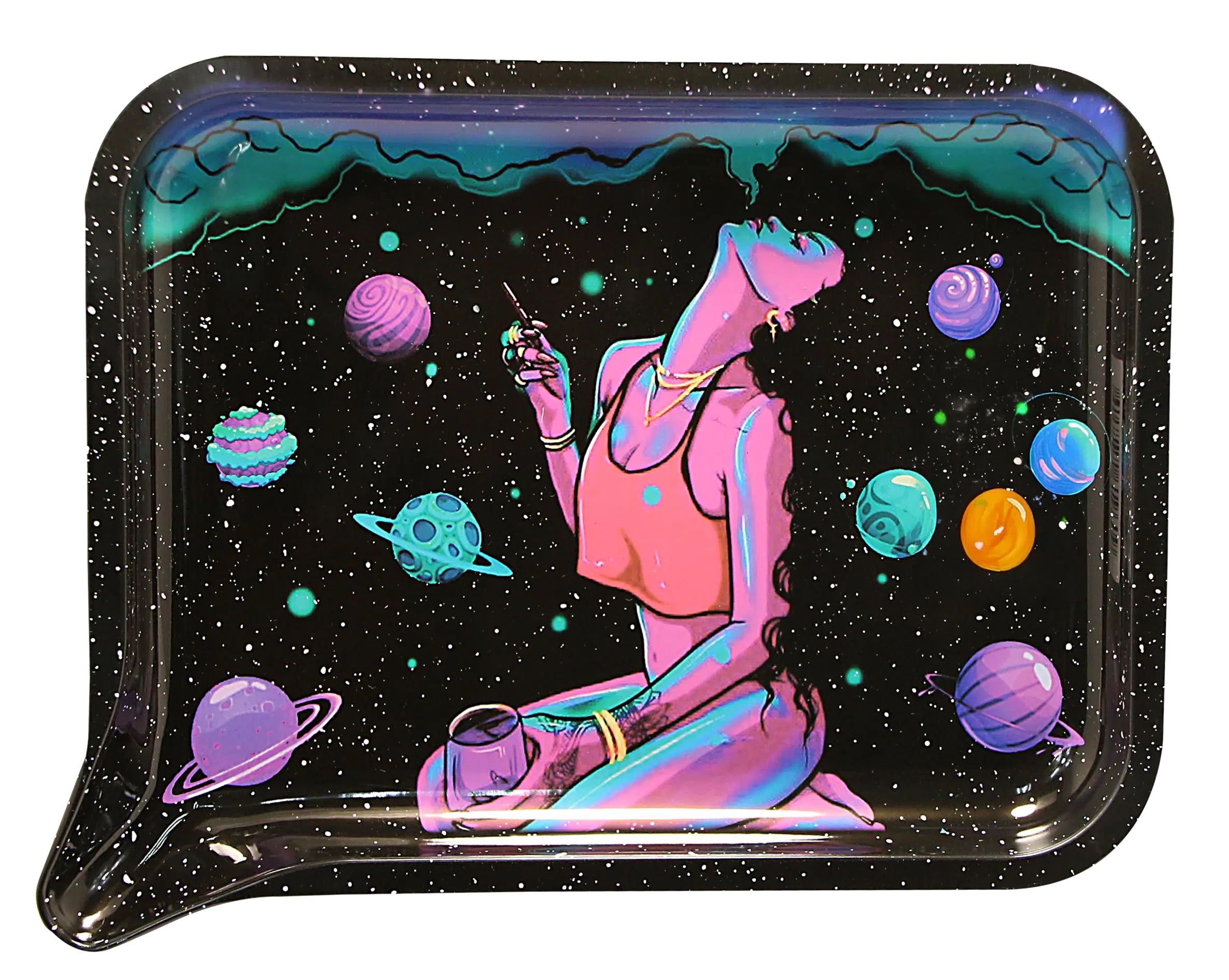 FRT3D-027 Get Lost Medium Funnel Rolling Tray with 3D Magnetic Lid (Get Lost Woman Smoking on Planets) - Image 3