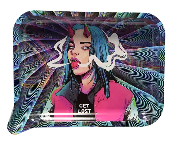 FRT3D-036 Get Lost Medium Funnel Rolling Tray with 3D Magnetic Lid (Get Lost Devil Girl Blue Hair Smoking) - Image 3