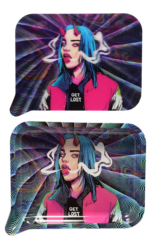 FRT3D-036 Get Lost Medium Funnel Rolling Tray with 3D Magnetic Lid (Get Lost Devil Girl Blue Hair Smoking) - Image 2