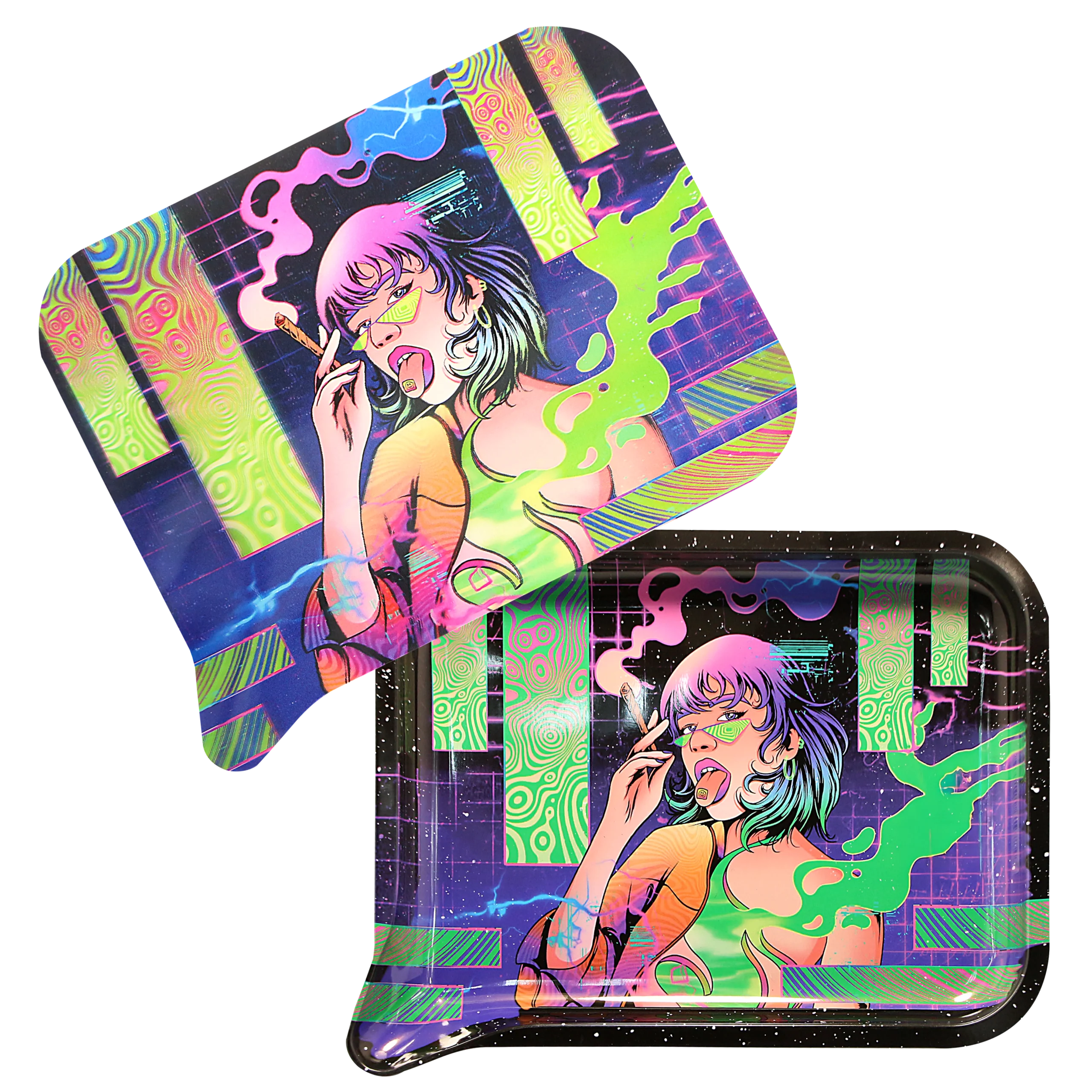 FRT3D-045 Get Lost Medium Funnel Rolling Tray with 3D Magnetic Lid (Get Lost Girl Tongue Out Smoking)