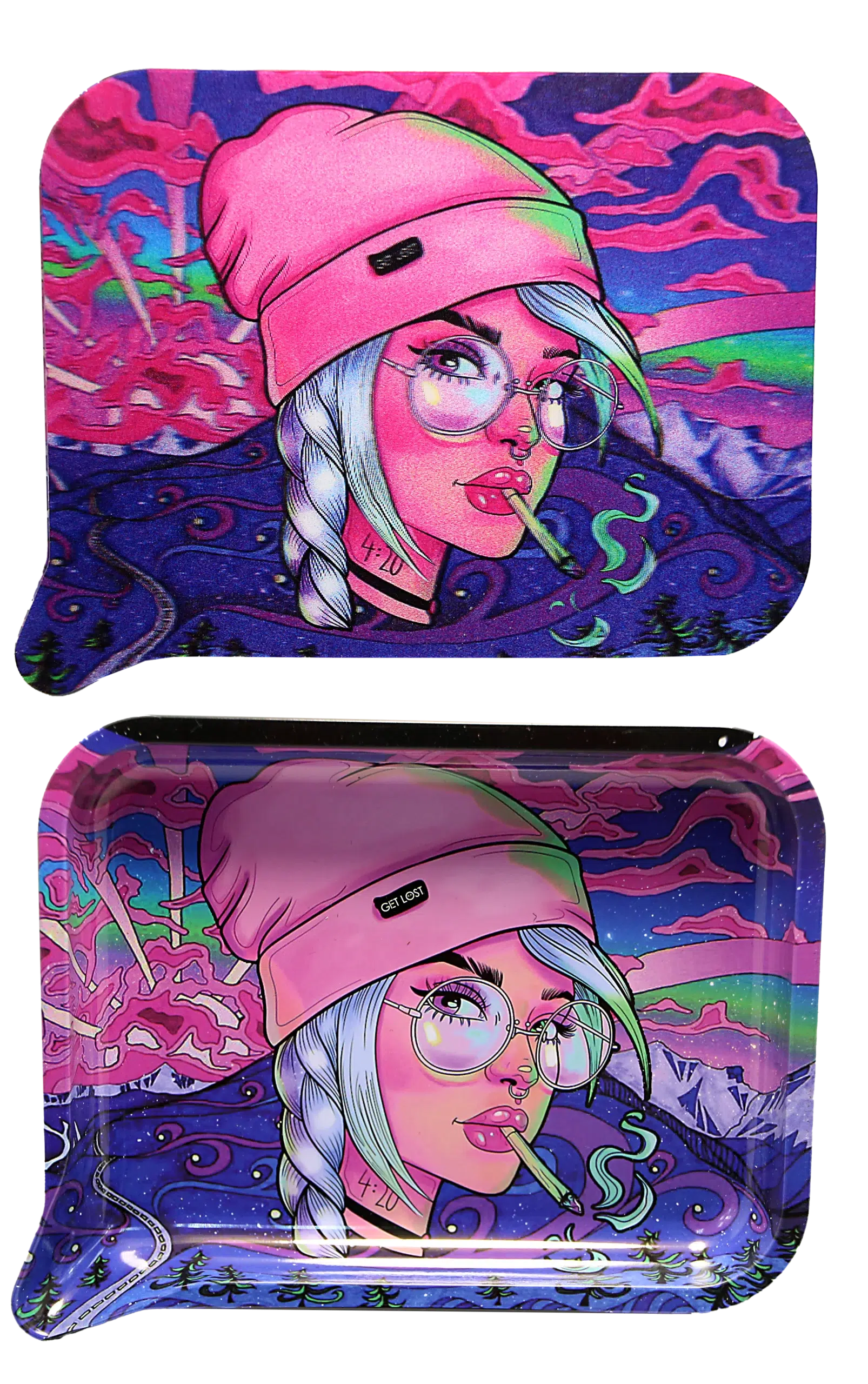 FRT3D-051 Get Lost Medium Funnel Rolling Tray with 3D Magnetic Lid (Get Lost Pink Hat Girl) - Image 2