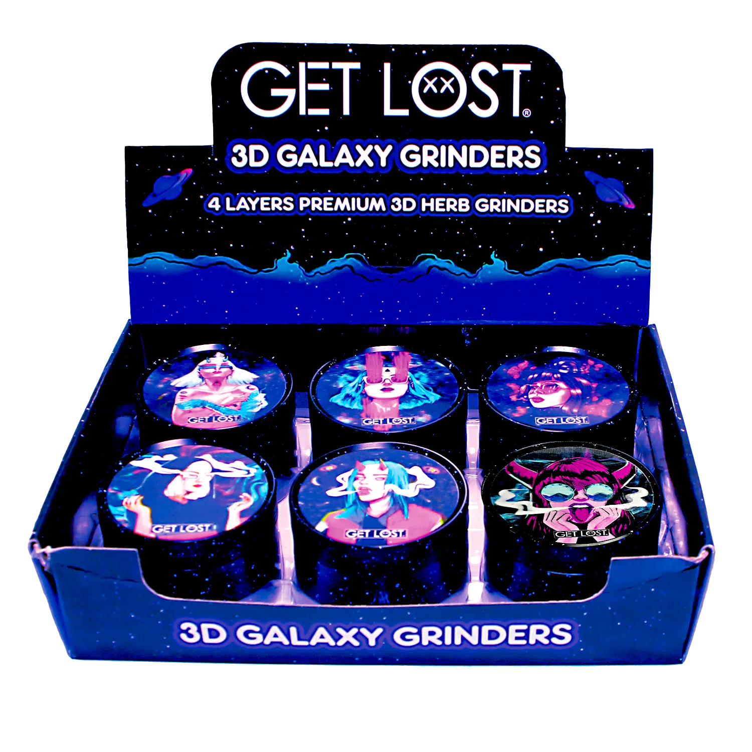 G3DG-6PK-002 – Get Lost Galaxy 3D Herb Grinders – 63mm (6 Count) Set 02
