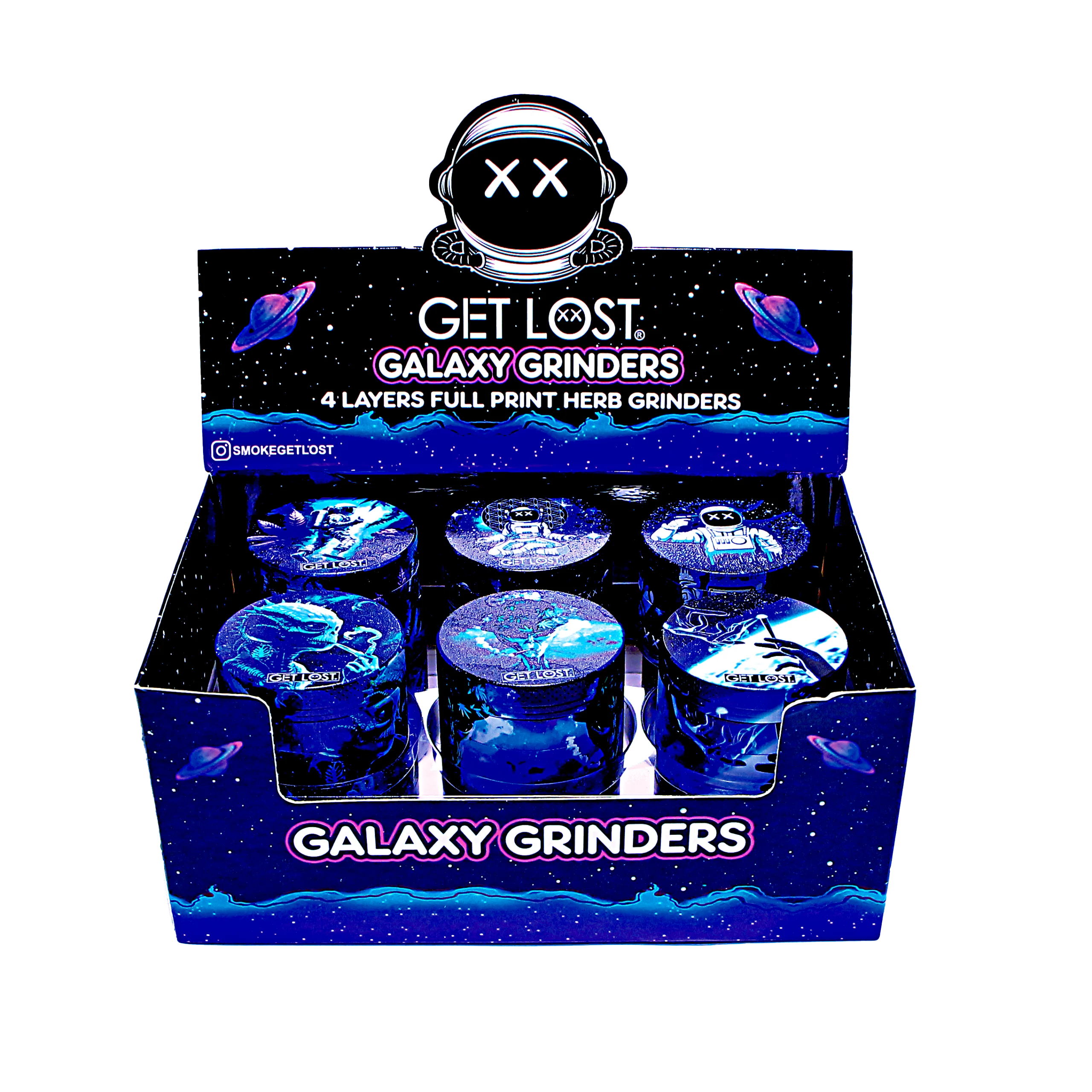 GG-50-001 – Get Lost Galaxy Grinders 4 Layers Full Print Herb Grinders – 50mm (12 Count) Set 01