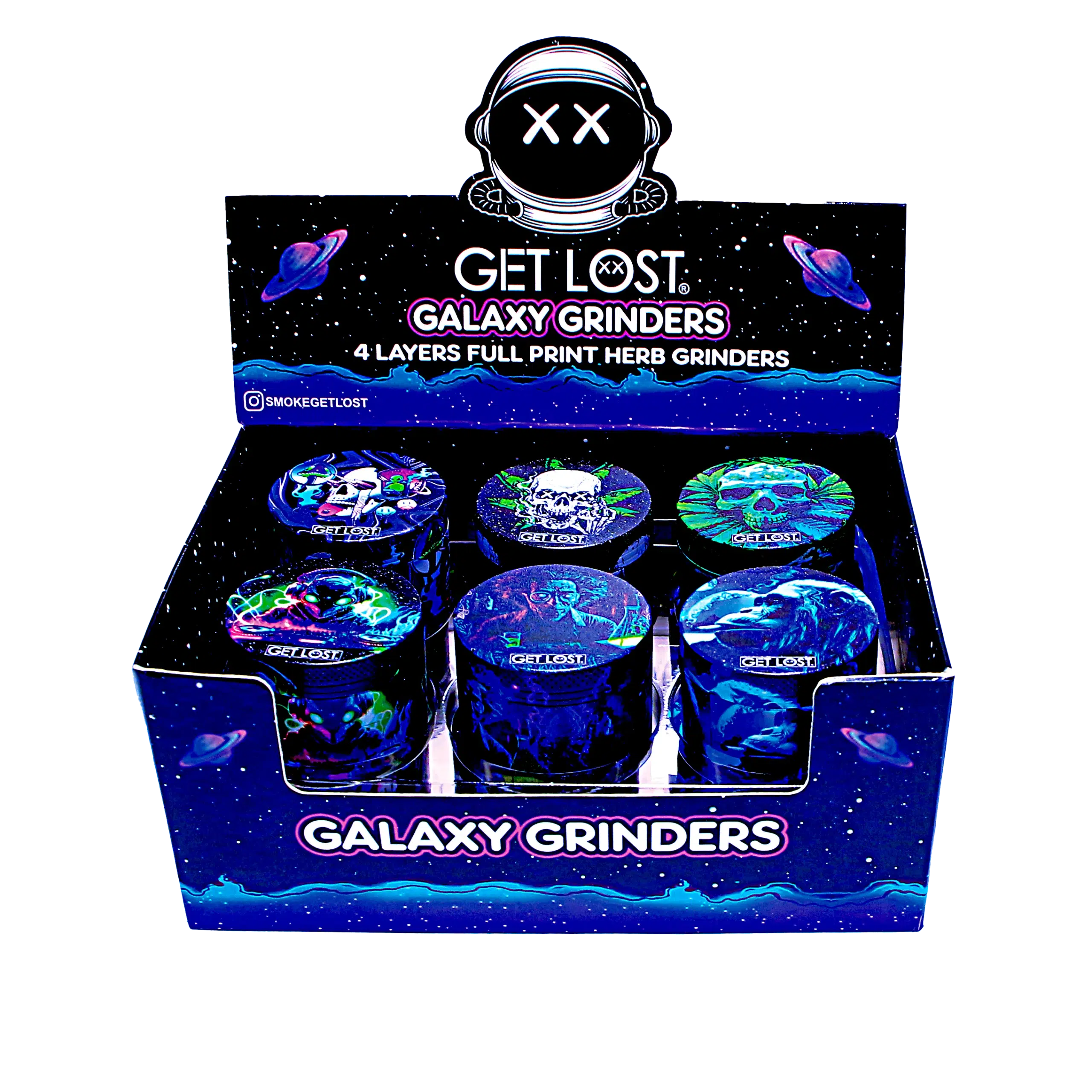 GG-50-002 – Get Lost Galaxy Grinders 4 Layers Full Print Herb Grinders – 50mm (12 Count) Set 02