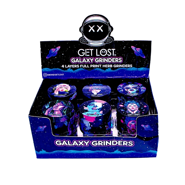 GG-50-004 - Get Lost Galaxy Grinders 4 Layers Full Print Herb Grinders – 50mm (12 Count) Set 04