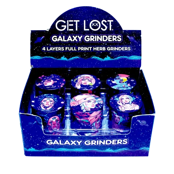 GG-50-007 - Get Lost Galaxy Grinders 4 Layers Full Print Herb Grinders – 50mm (12 Count) Set 07