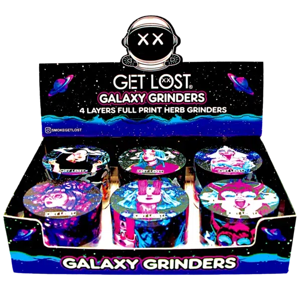GG-63-002 - Get Lost Galaxy Grinders 4 Layers Full Print Herb Grinders – 63mm (6 Count) Set 02