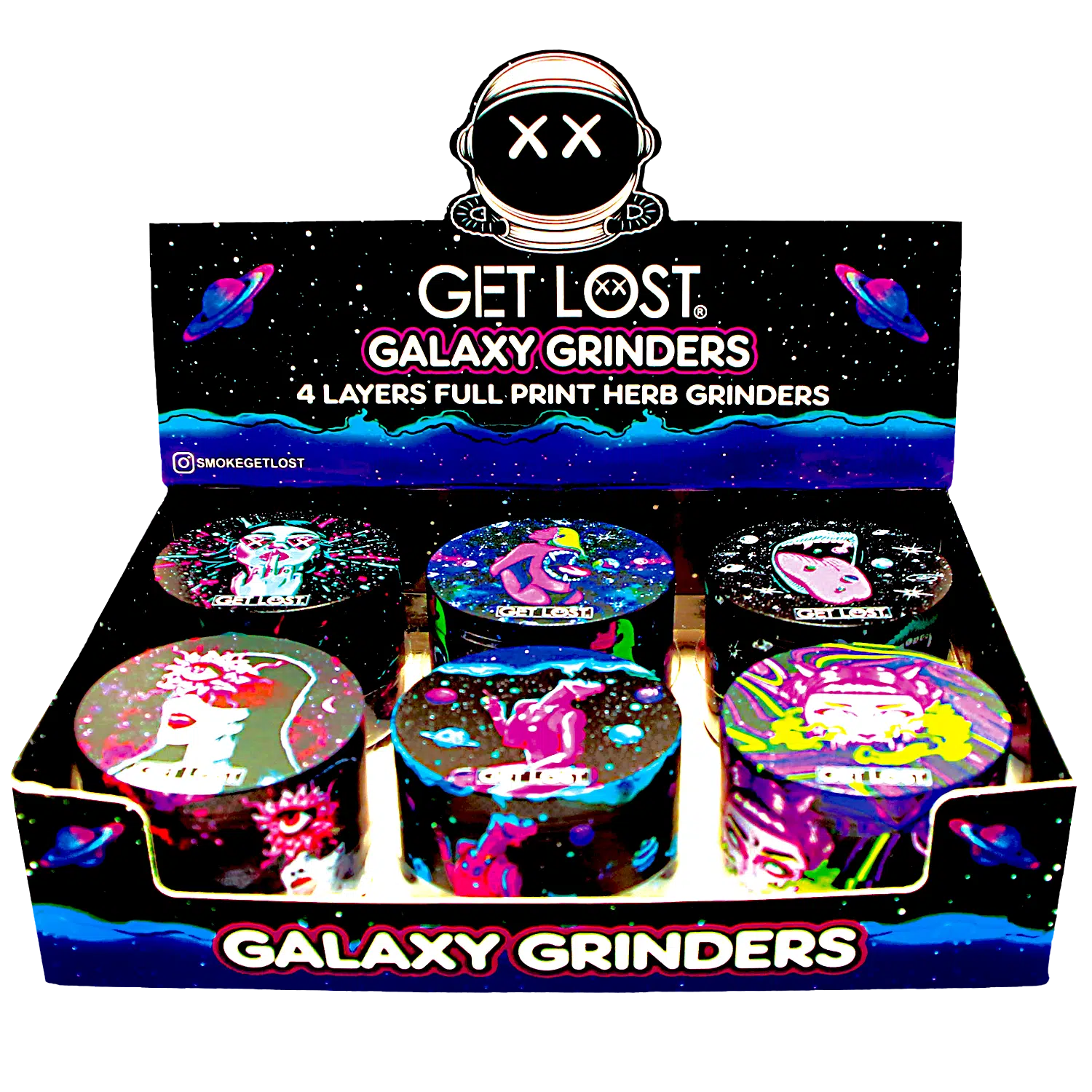 GG-63-003 – Get Lost Galaxy Grinders 4 Layers Full Print Herb Grinders – 63mm (6 Count) Set 03