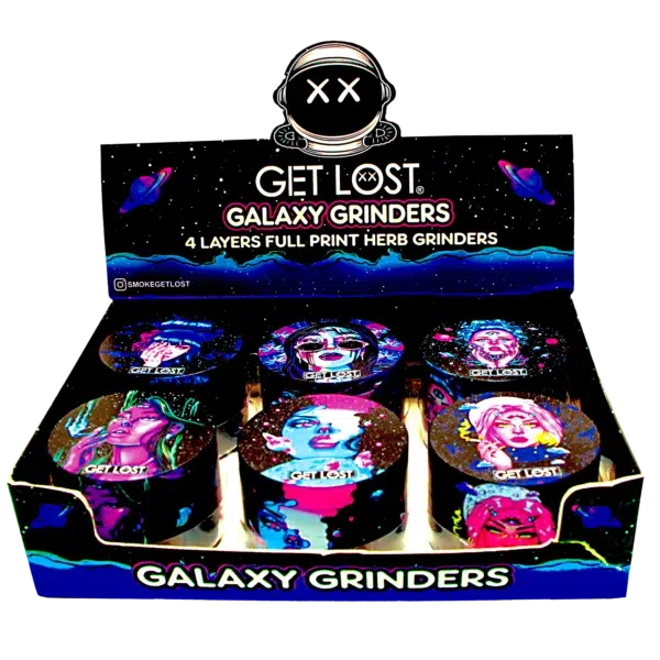 GG-63-005 - Get Lost Galaxy Grinders 4 Layers Full Print Herb Grinders – 63mm (6 Count) Set 05