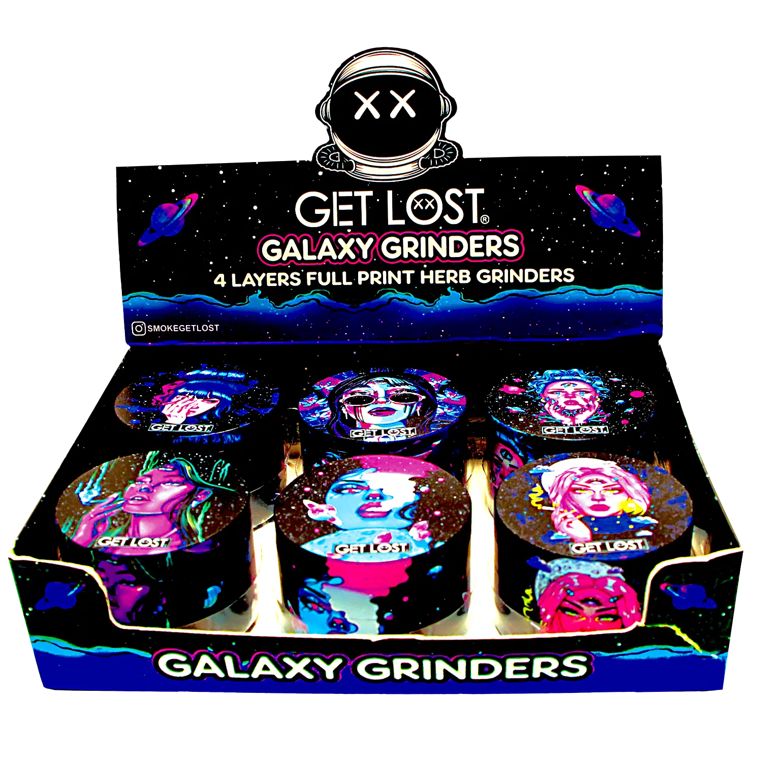 GG-63-005 – Get Lost Galaxy Grinders 4 Layers Full Print Herb Grinders – 63mm (6 Count) Set 05