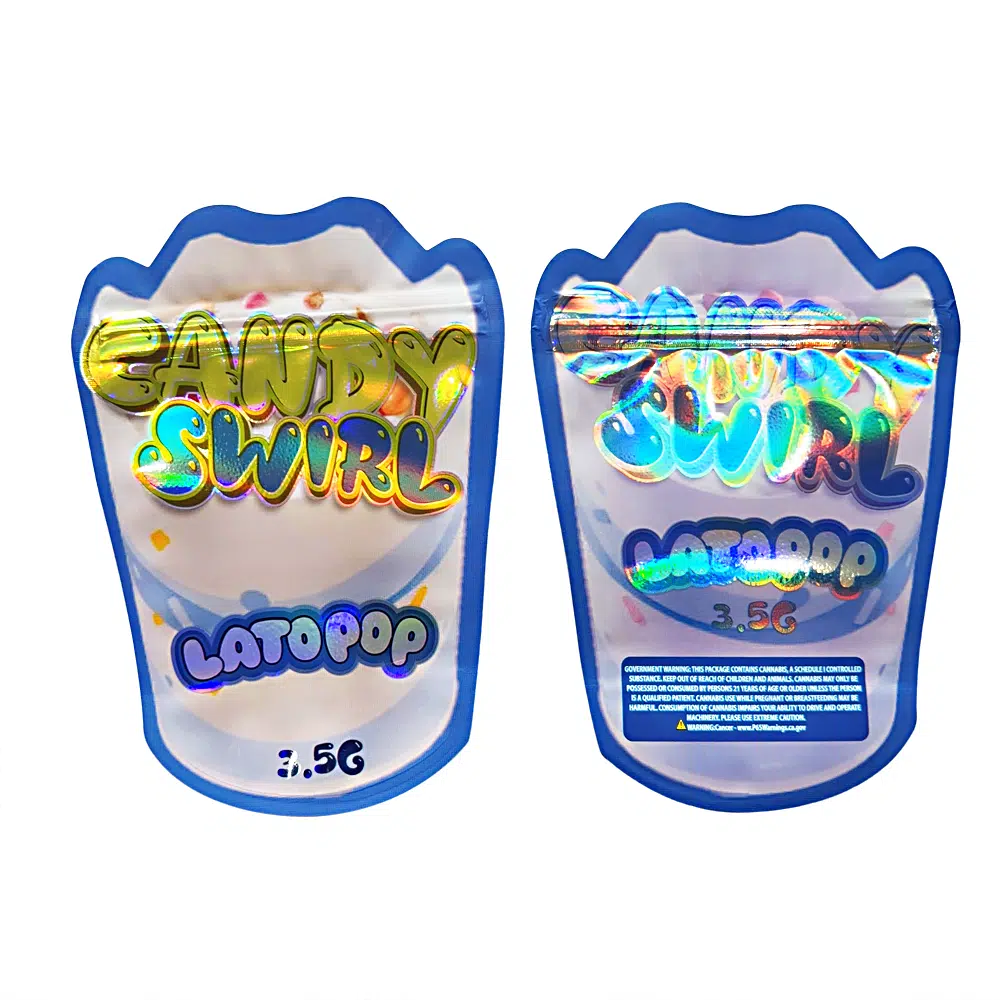 3.5g Shaped Mylar Bag – Premium Smell-Proof Flower Packaging – Candy Swirl Latopop (50 Count) JSMB-35G-005
