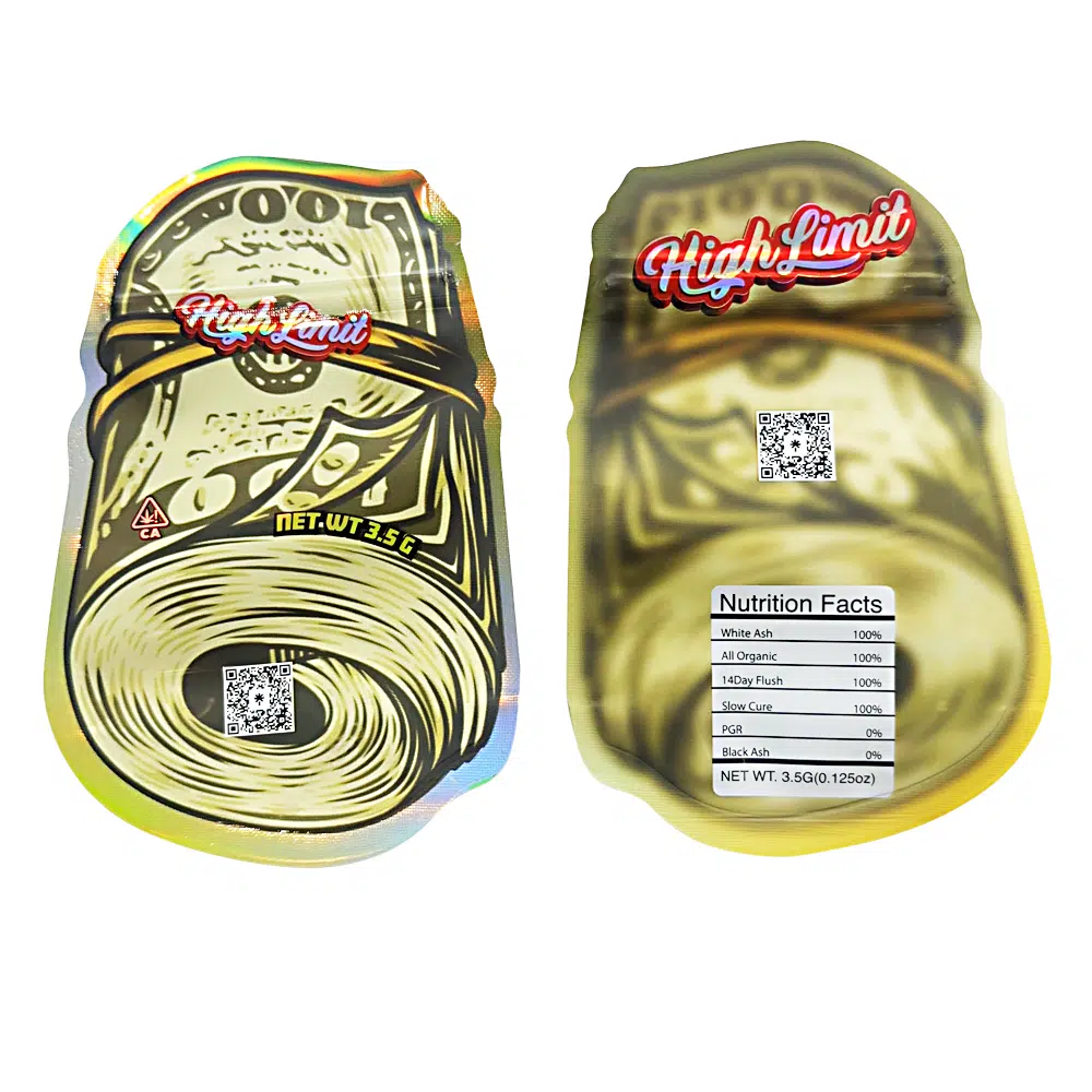 3.5g Shaped Mylar Bag – Premium Smell-Proof Flower Packaging – High Limit Money Roll (50 Count) JSMB-35G-063